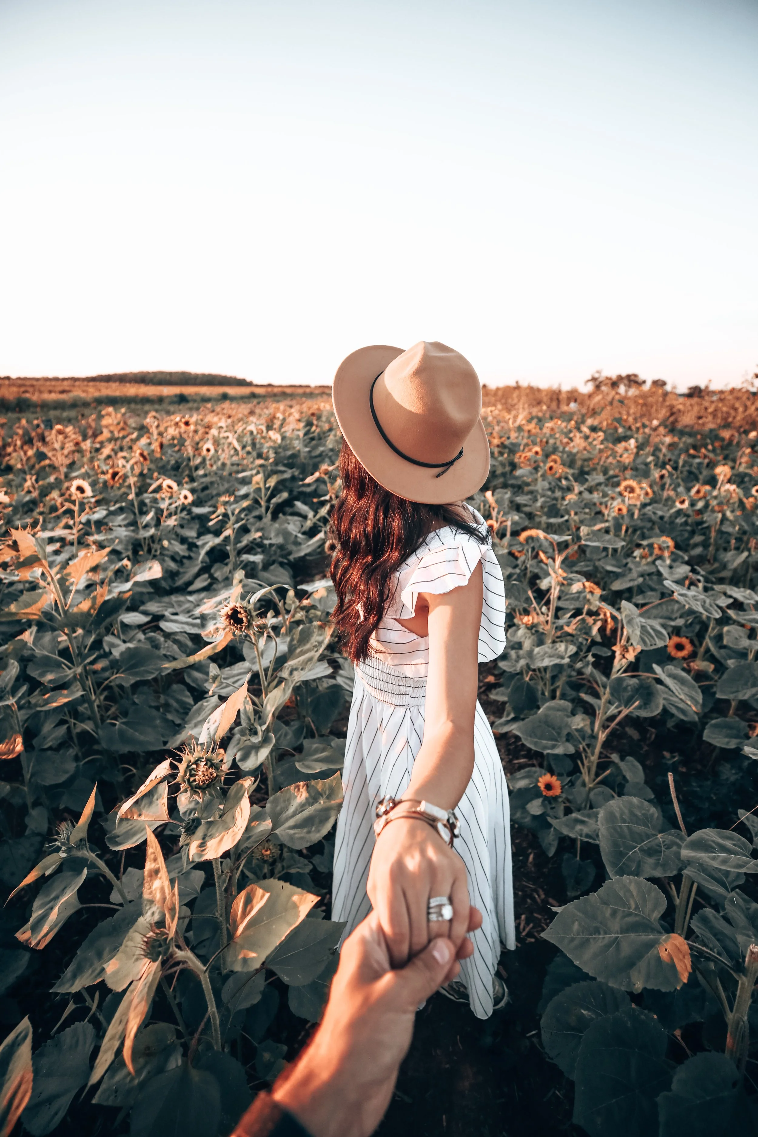 A woman wearing a striped dress and a tan hat holding hands with someone in a sunflower field at sunset.