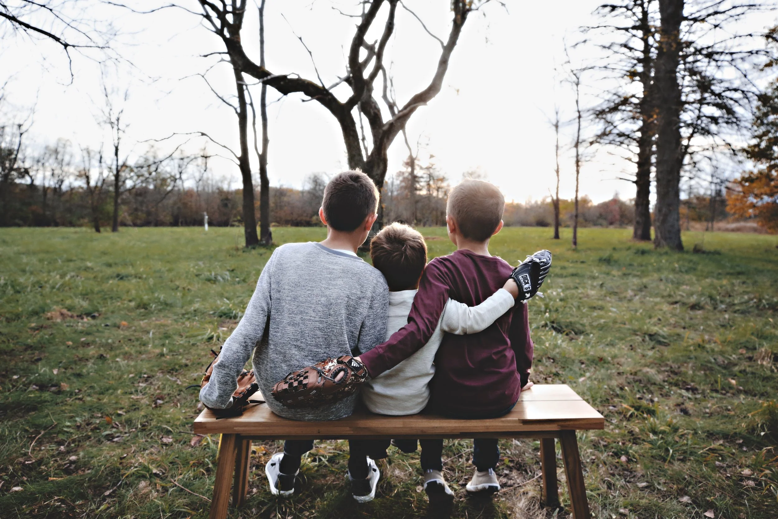 Three boys sitting on a wooden bench in a park, facing away, with their arms around each other, watching the sunset in a landscape with trees.