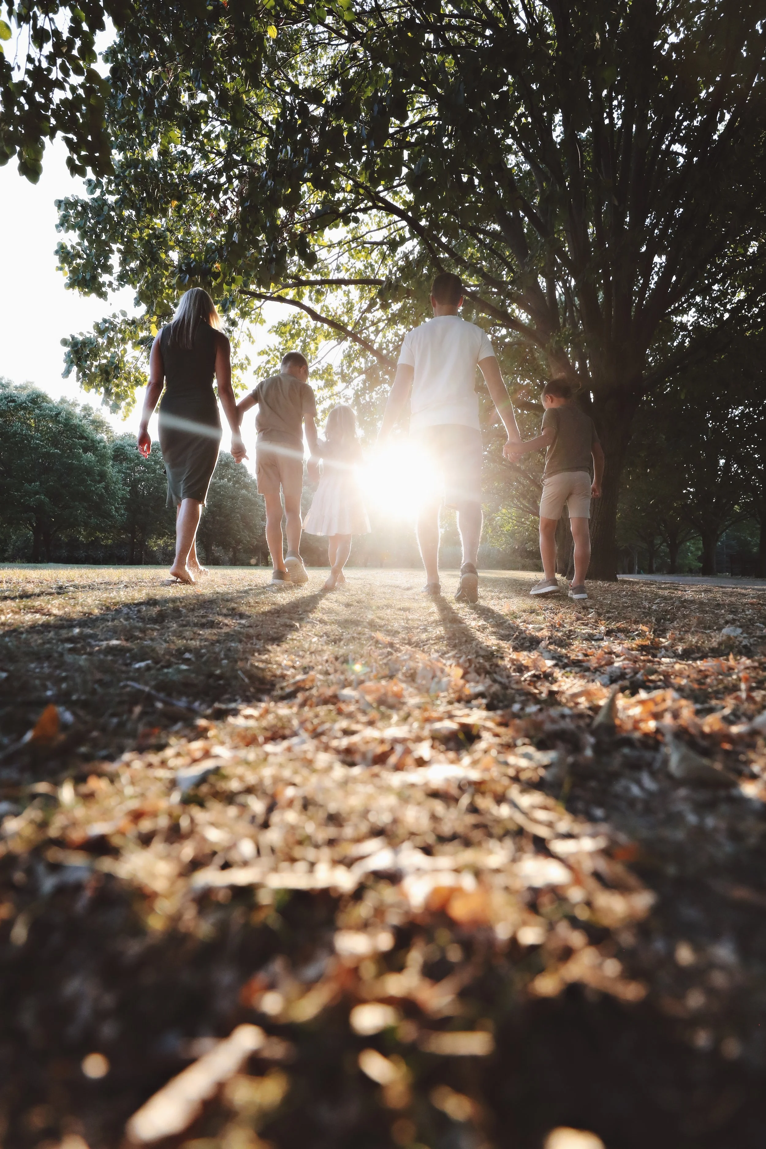 Group of people, including children, walking hand in hand in a park during sunset.