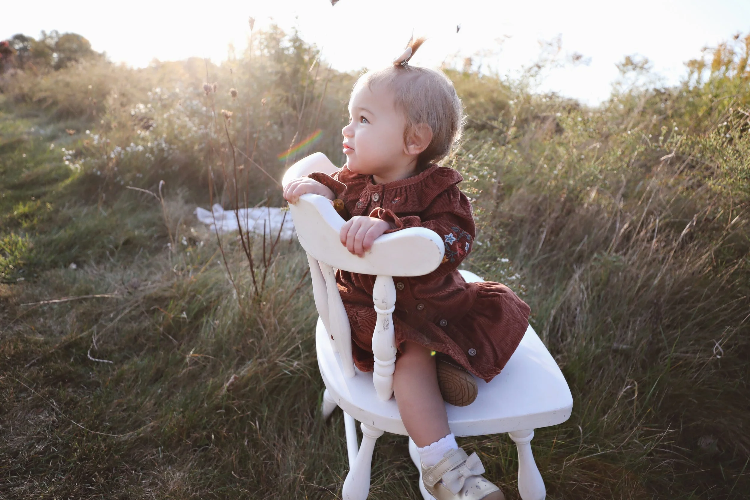 A young girl in a brown dress sitting in a white high chair outdoors among tall grass and bushes, with the sun setting in the background.