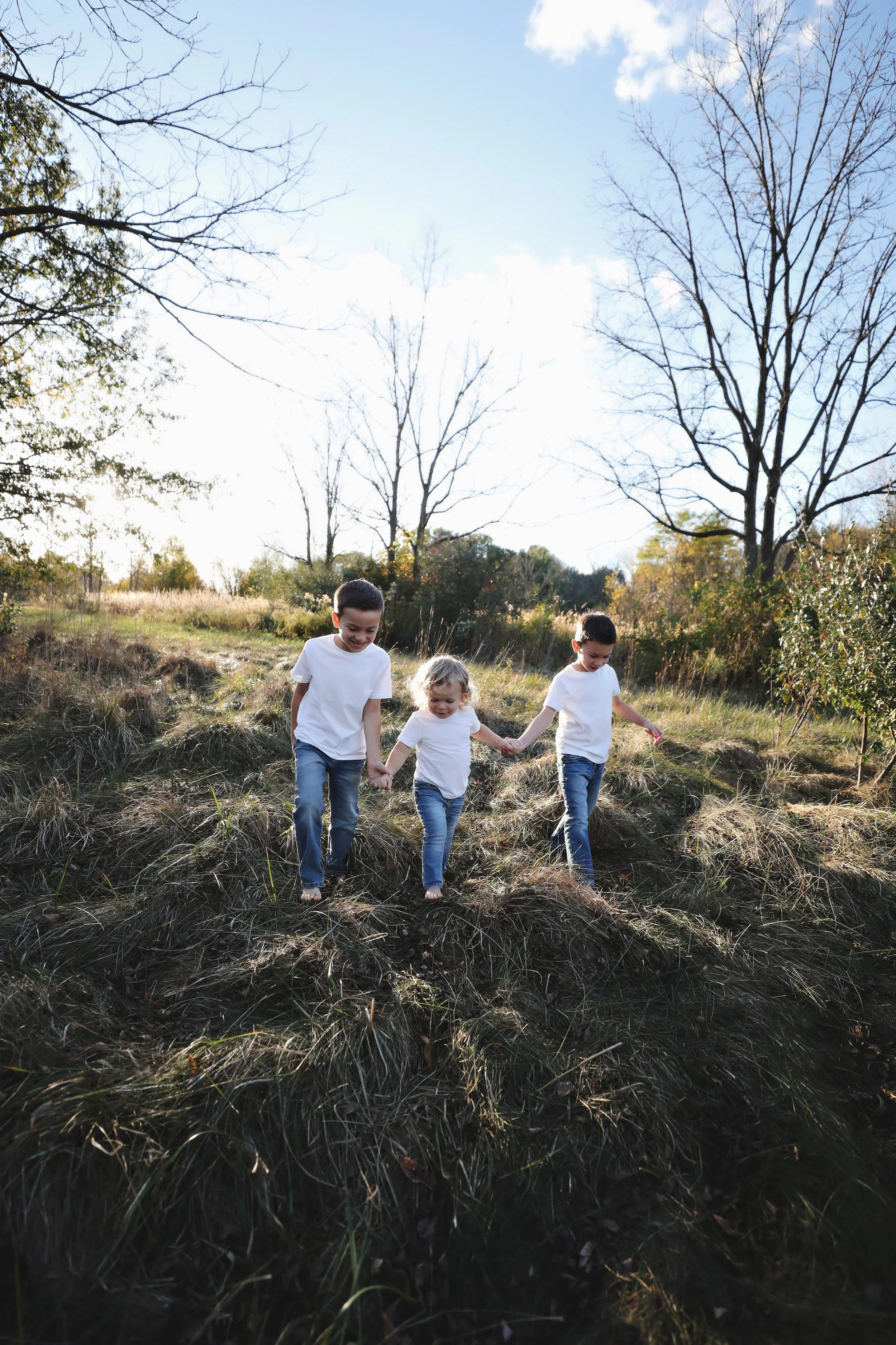 Three children holding hands and walking on a grassy hill outdoors during daytime, with trees and a blue sky with clouds in the background.