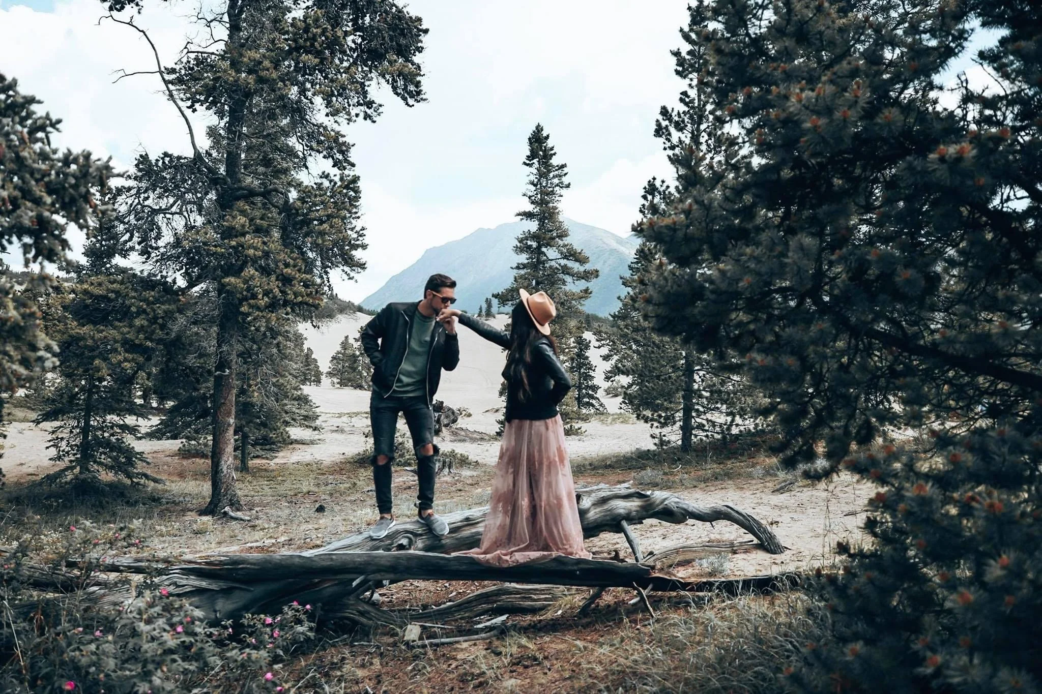 A couple standing on a fallen tree in a forest with tall pine trees and mountains in the background. The man is wearing a black jacket and ripped jeans, kissing the woman's hand. The woman is wearing a long pink skirt, black jacket, and a tan hat.