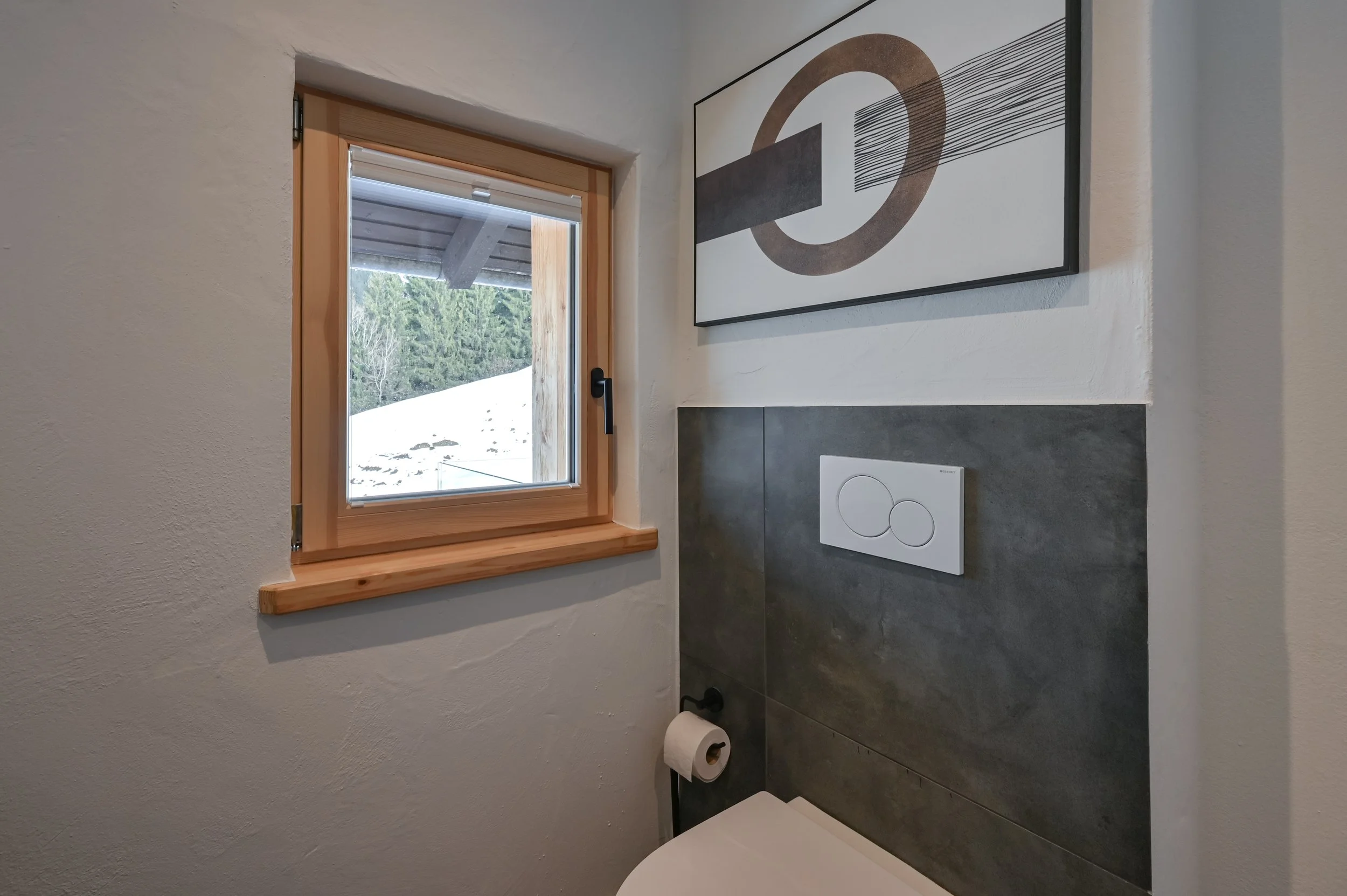 Kleines Badezimmer mit Fenster, moderner grauer Wand, Wandbild und Spülknopf