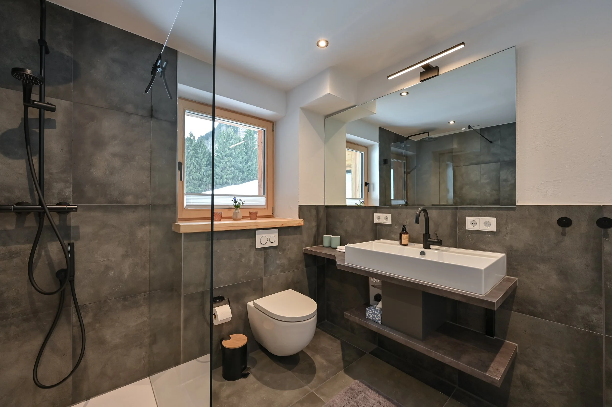 Modernes Badezimmer mit dunklen Fliesen, rechteckiger Waschbecken, großem Wandspiegel, Fenster mit Blick auf Schnee, Dusche mit Glaswand, WC und Pflanzen auf Fensterbank.