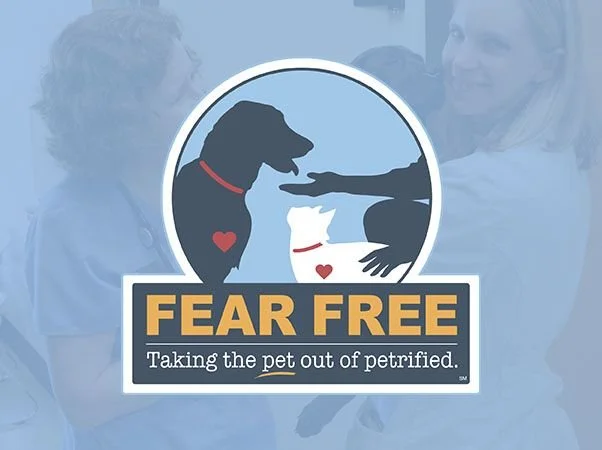 Logo for Fear Free featuring illustrations of two dogs with hearts, emphasizing pet wellness and reducing pet fear.