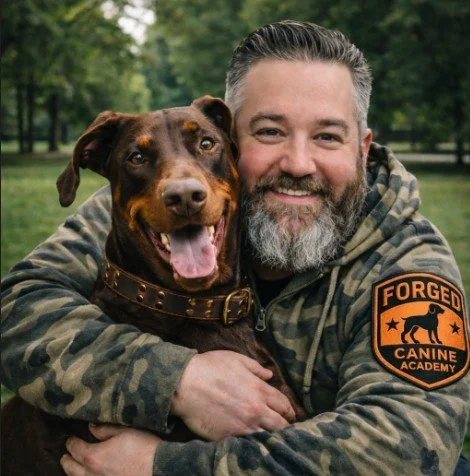A man with a beard and gray hair smiling while hugging a brown dog outdoors in a park.