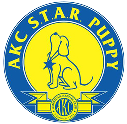 Logo of AKC S.T.A.R. Puppy program featuring a yellow background with a blue border, displaying a seated dog holding a star in its paw, and the text 'AKC S.T.A.R. PUPPY' around the border.