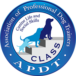 Logo of the Association of Professional Dog Trainers (APDT), featuring a silhouette of a dog training a small dog, with text reading 'Canine Life and Social Skills' and 'CLASS'.
