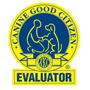Canine Good Citizen Evaluation badge featuring a yellow and blue design with a dog and handler silhouette center.