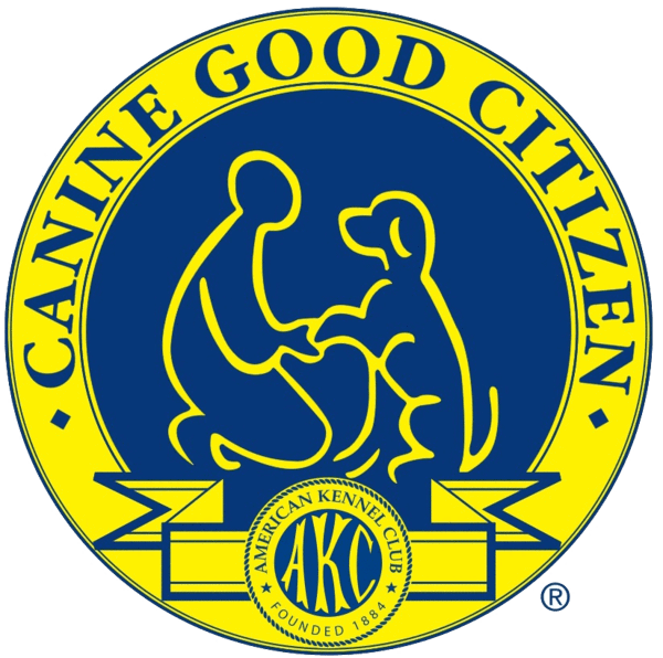 Logo of the American Kennel Club with the slogan 'Canine Good Citizen' featuring two outlined figures, one dog and one person, shaking hands inside a circular design.