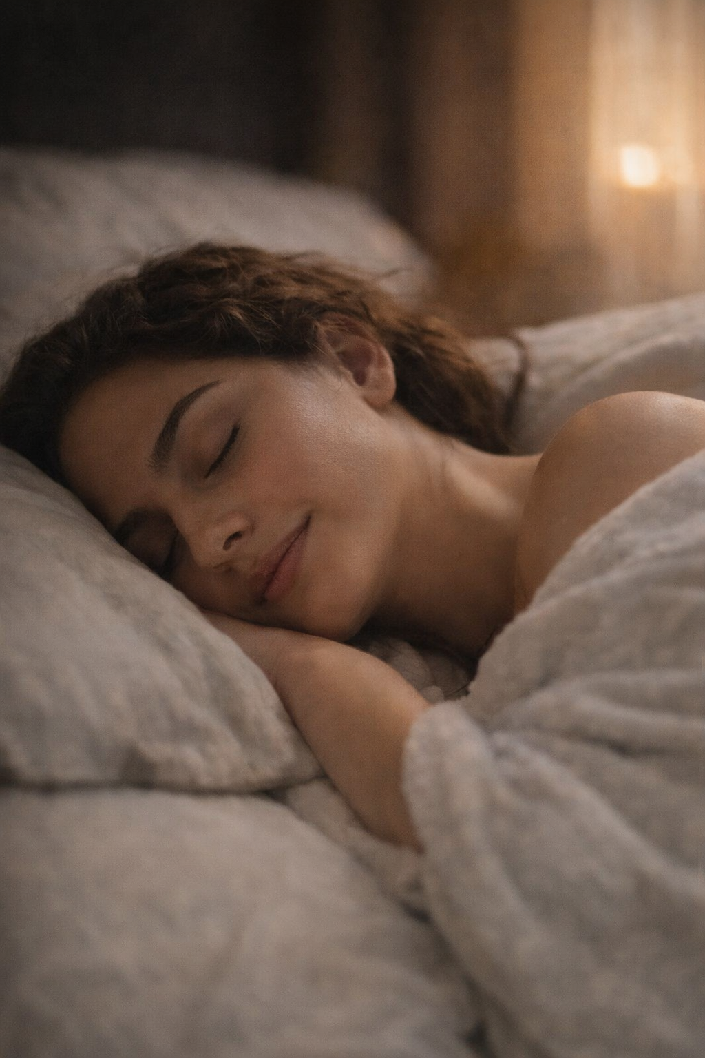 A woman with brown hair sleeping peacefully on her side in a bed, with her hands tucked under her head, in a dimly lit room.