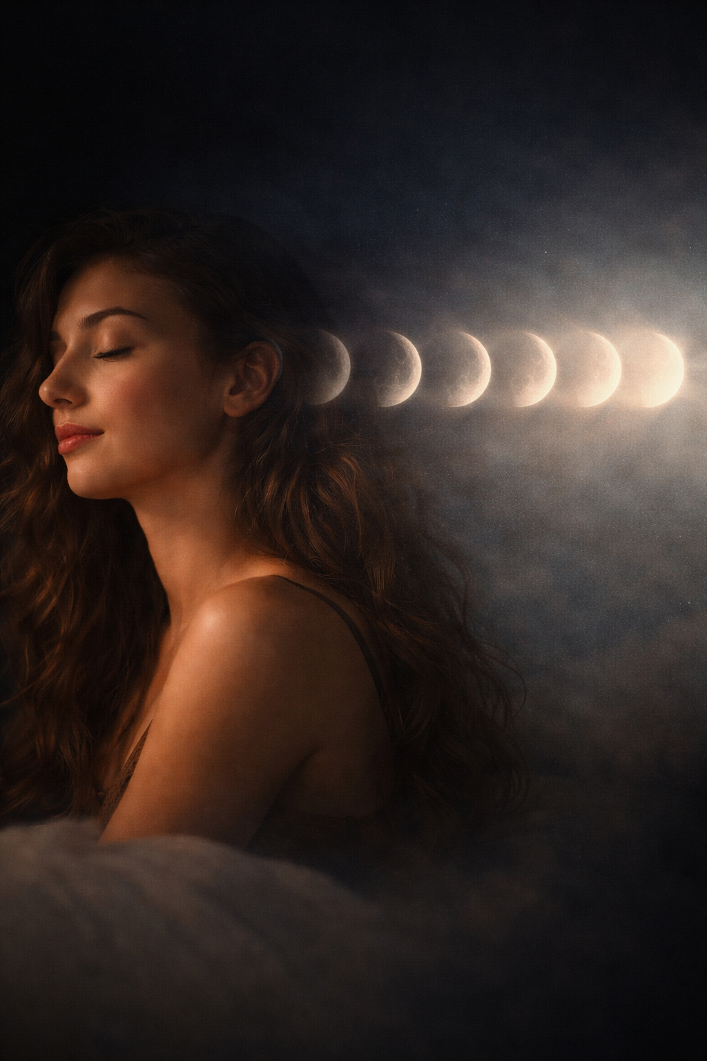 A young woman with long, wavy brown hair and closed eyes is smiling gently, sitting in a dark room. Behind her, a timeline of the moon's phases from new moon to full moon and back is displayed, with the moon illuminated as if undergoing a lunar eclipse or full moon.
