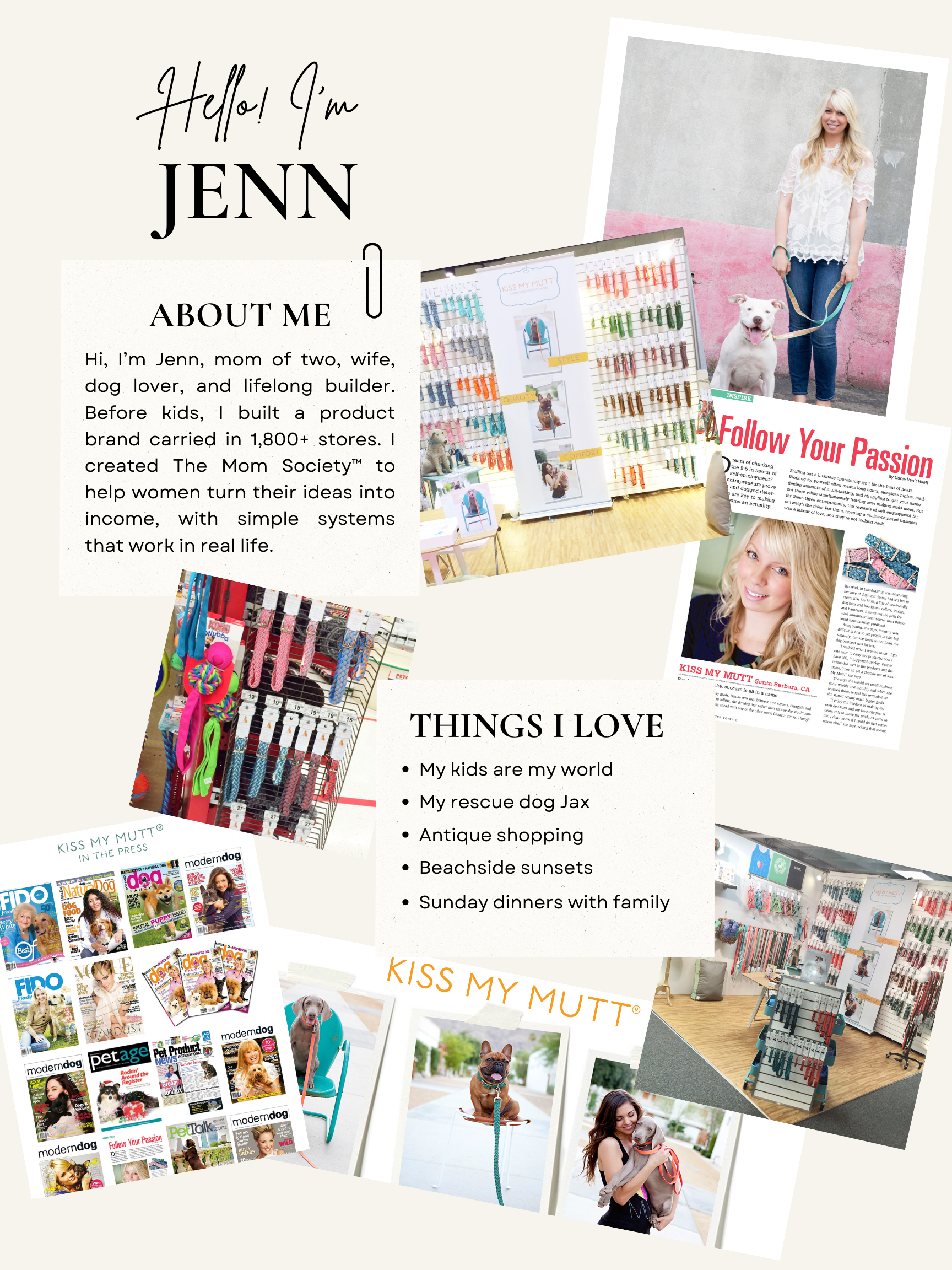 Collage featuring Jenn Fenton, holding a leash with a dog, a display of colorful pet products, magazines, and text introducing Jenn, her passions, and her love for her kids, rescue dog, shopping, beach sunsets, and family activities.