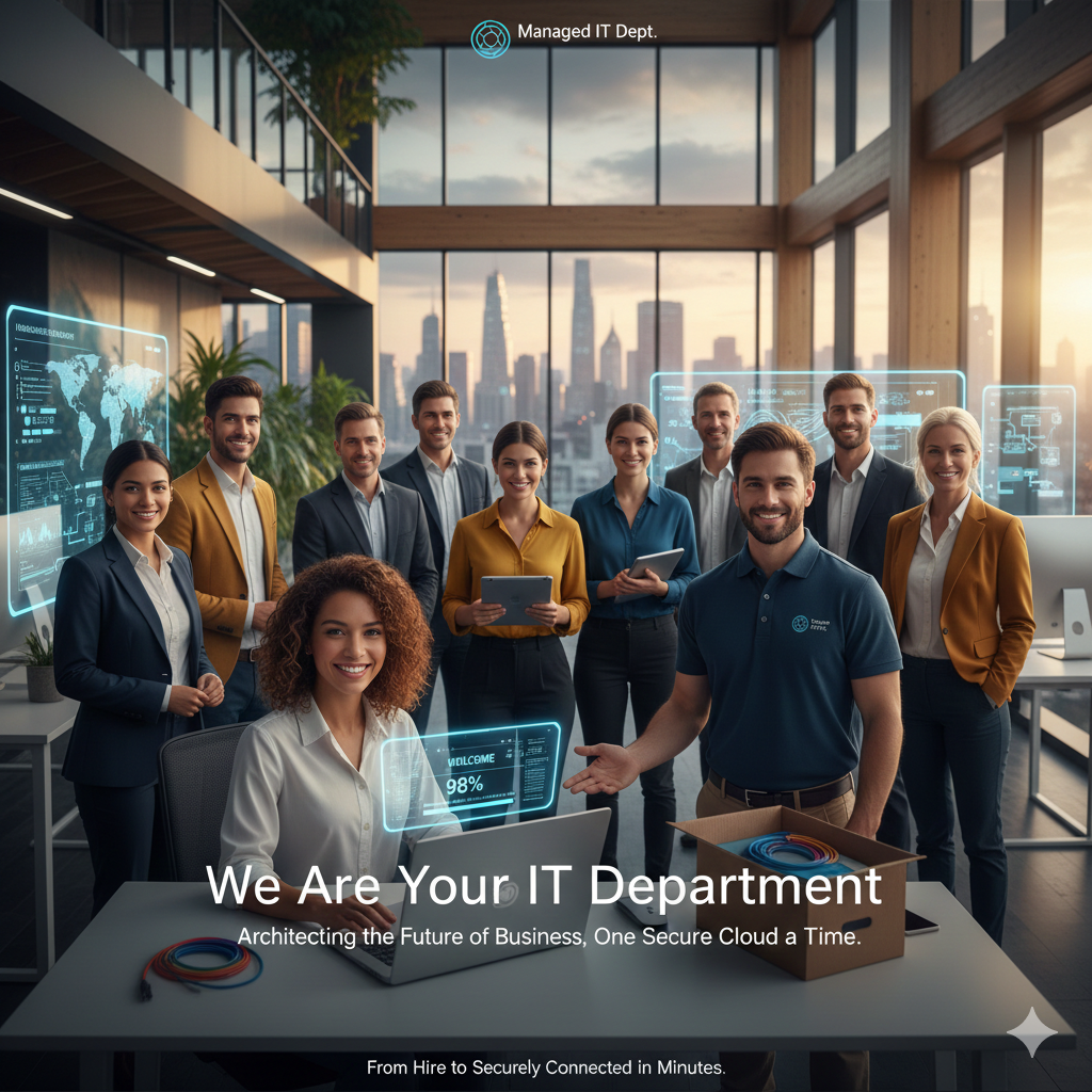 Group of professionals in a modern office with large windows and city skyline view, engaging in a meeting or presentation about IT infrastructure.