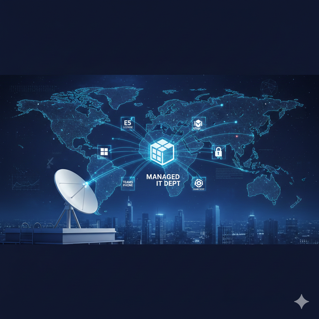 Digital illustration of a world map with connected icons representing a managed IT department, satellite dish in foreground, city skyline at night.