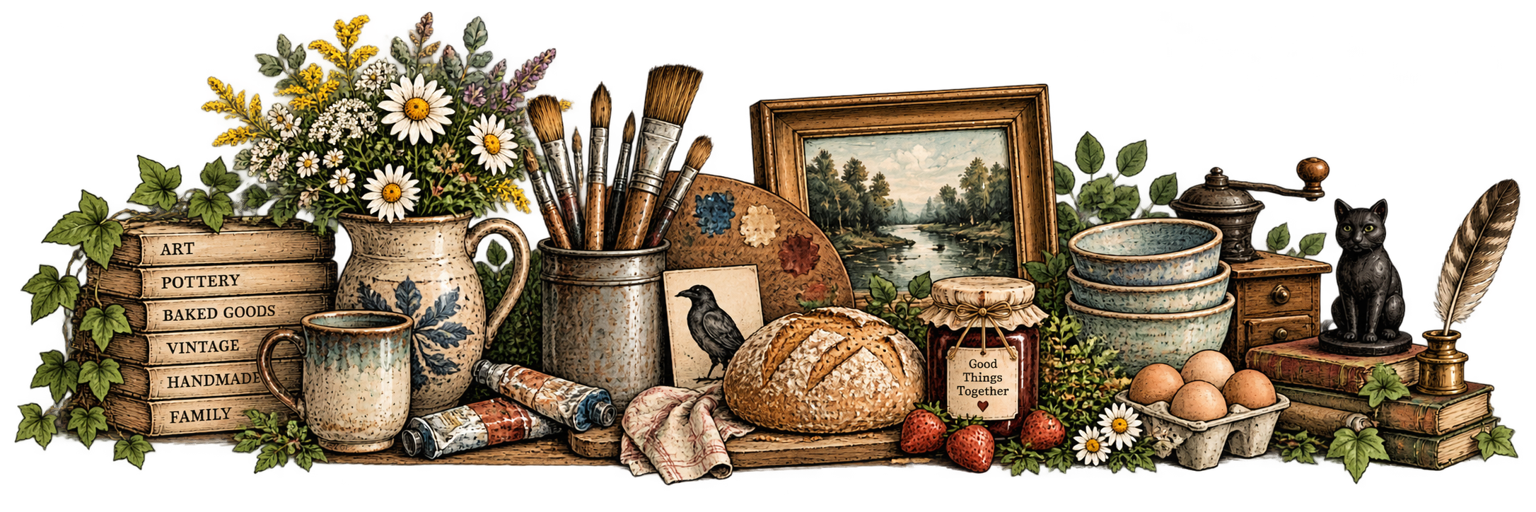 Ridge Road Studio collection of art, pottery, baked goods, vintage finds, and handmade goods.