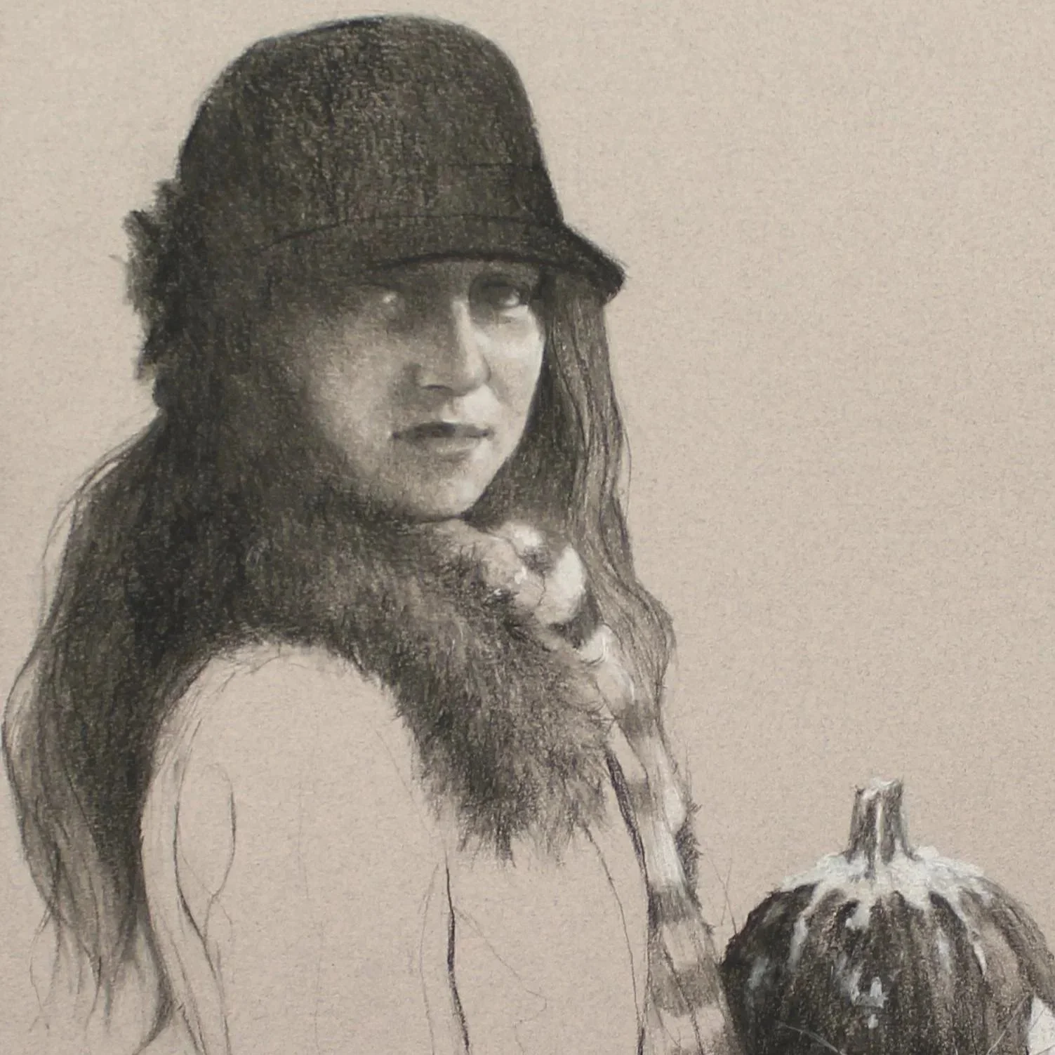 Black and white sketch of a woman wearing a hat and fur collar, holding a pumpkin.