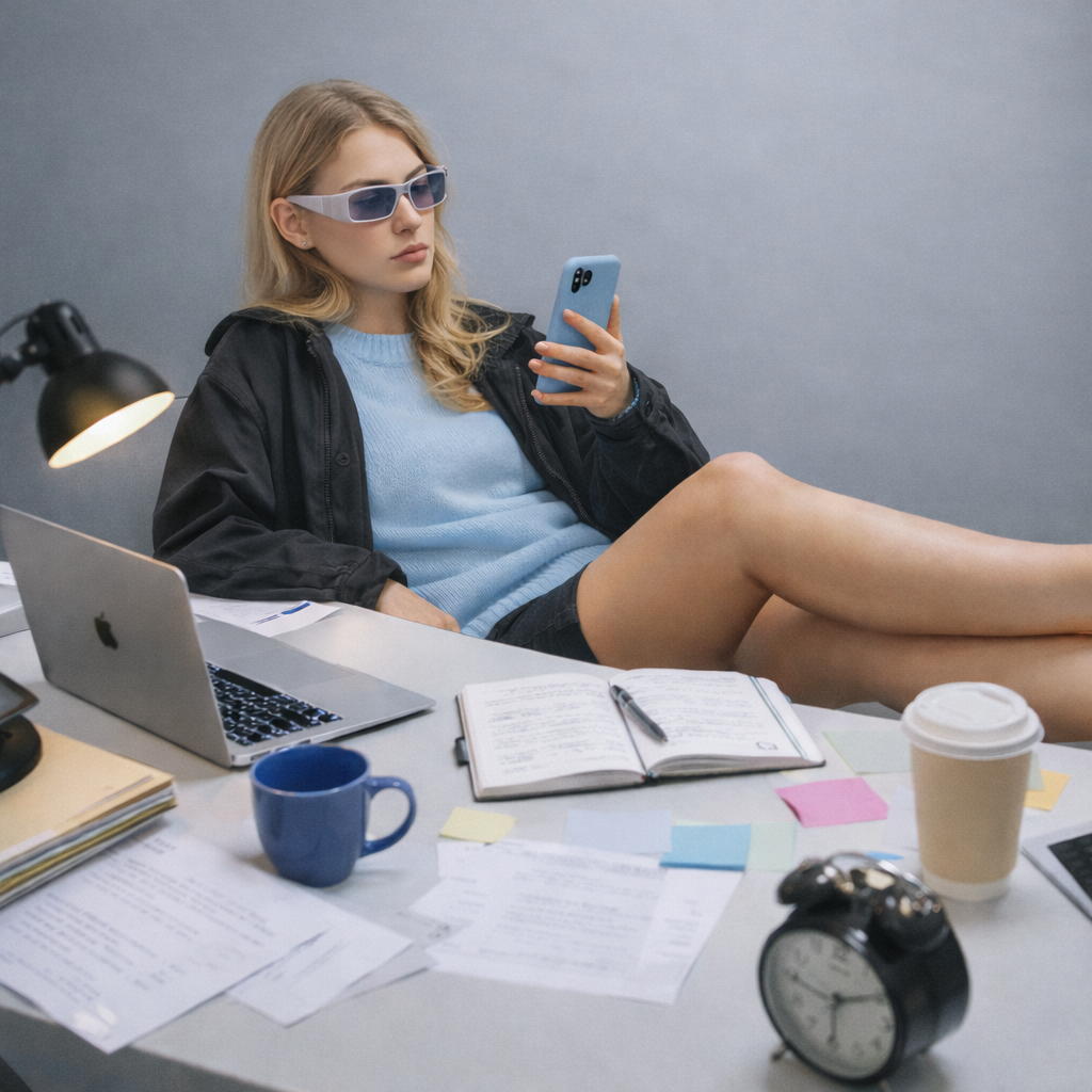 A young woman with blonde hair wearing sunglasses, a black jacket, and a blue sweater, sitting at a cluttered desk with a laptop, papers, a blue coffee mug, and a disposable coffee cup. She is looking at her phone with a serious expression.