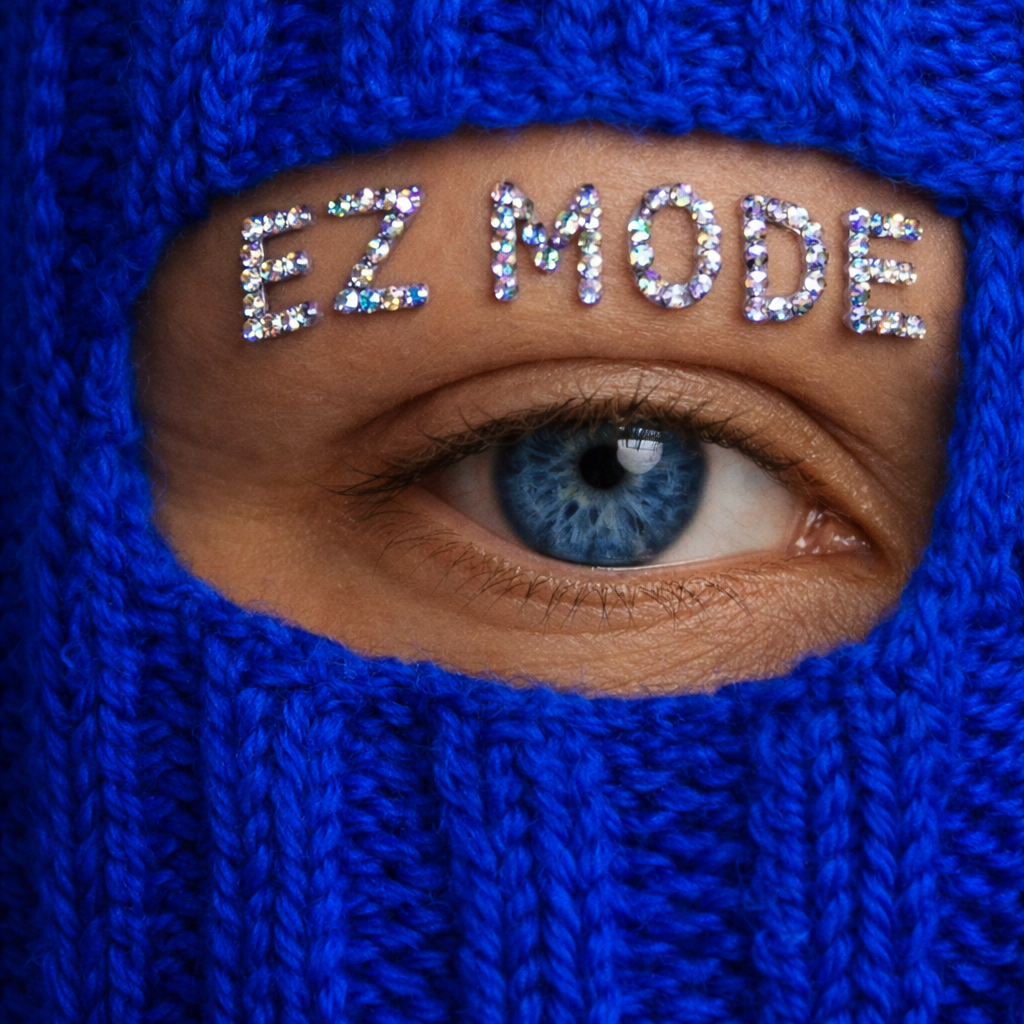 Close-up of a person's eye surrounded by blue knit fabric with rhinestone letters spelling 'EZ MADE' above the eye.
