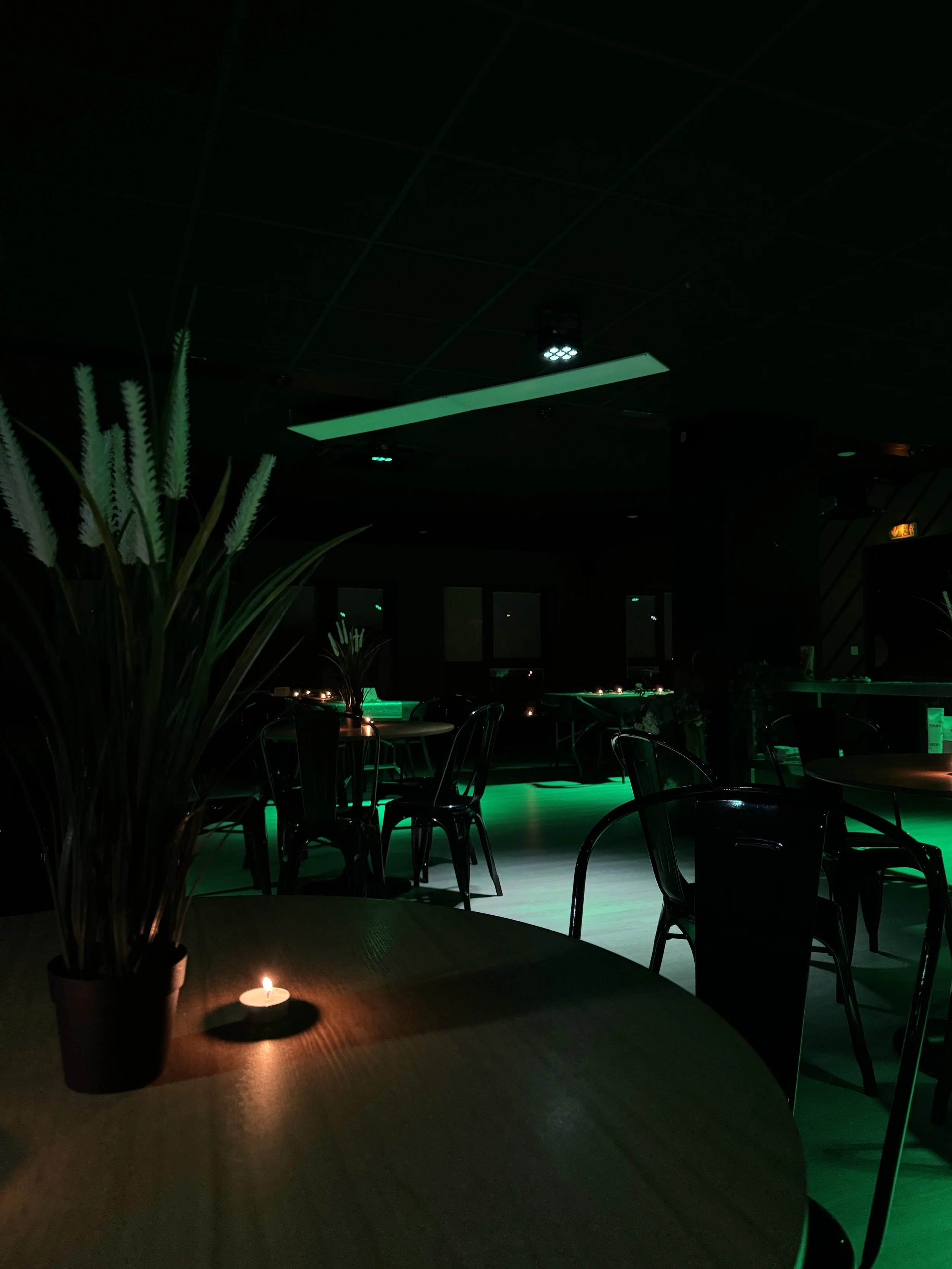 Intérieur sombre d'un restaurant ou bar avec éclairage tamisé vert. Un pot de plantes, une bougie allumée sur une table, des chaises en métal, et des tables avec des décorations lumineuses en arrière-plan.