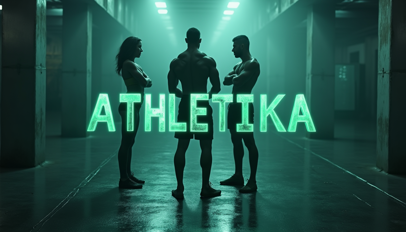 Trois athlètes debout dans une salle sombre, éclairée par une lumière verte, avec le mot 'ATHLETIKA' en texte lumineux au centre.