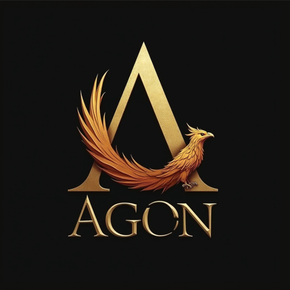 Logo avec une lettre A dorée, un aigle ou un phoenix stylisé en orange et or, et le mot 'AGAN' en dessous, sur un fond noir.