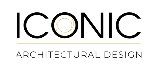 Logo with the words 'ICONIC ARCHITECTURAL DESIGN' and a decorative circular symbol above the text.