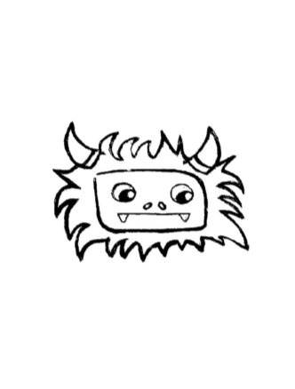 A cartoon drawing of a monster with horns, pointy teeth, and a wide, smiling face.