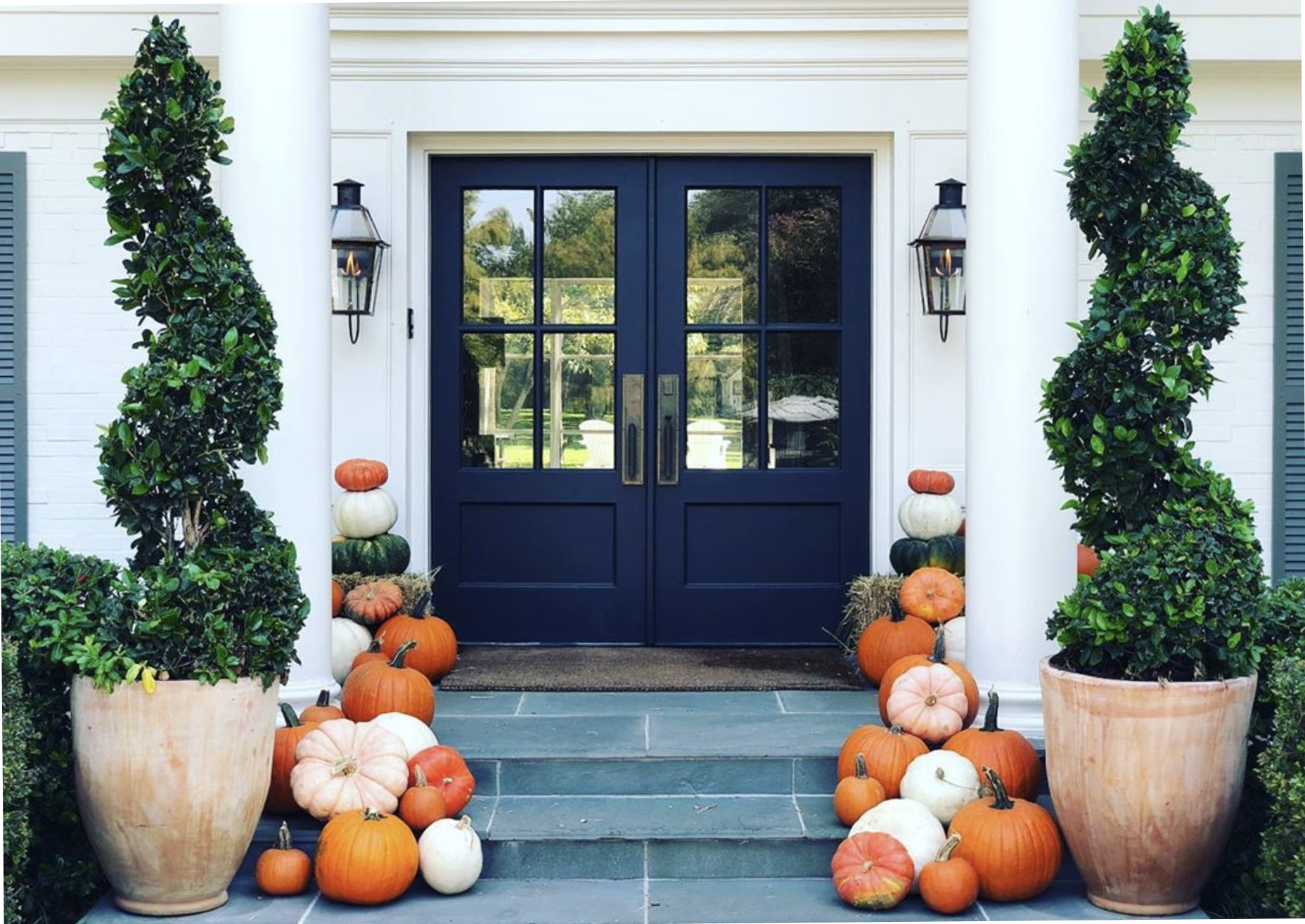 Front porch of a house decorated with white, orange, and beige pumpkins; two large potted green bushes flank a black front door with glass panes.