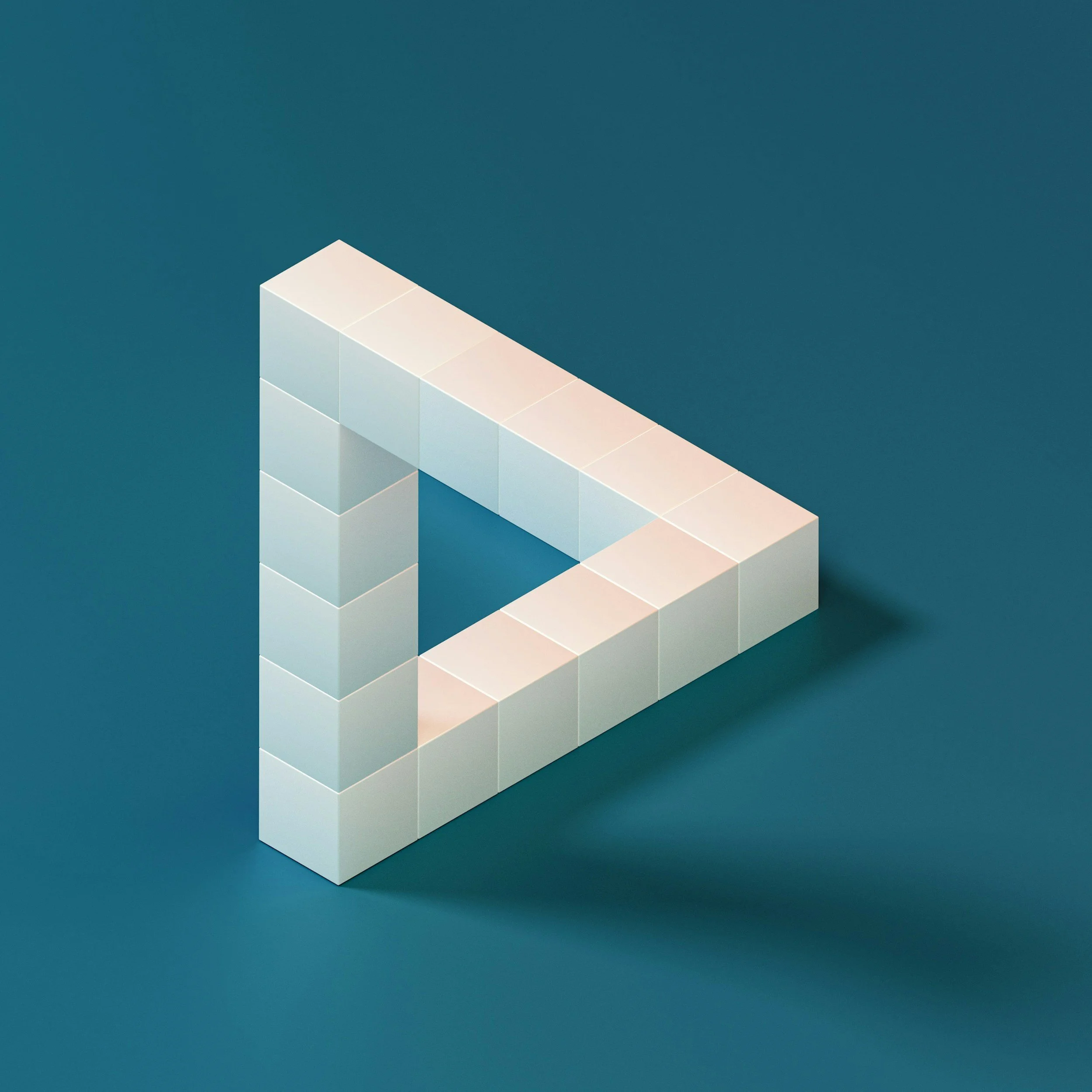White 3D geometric square frame made of small white cubes on a teal background.