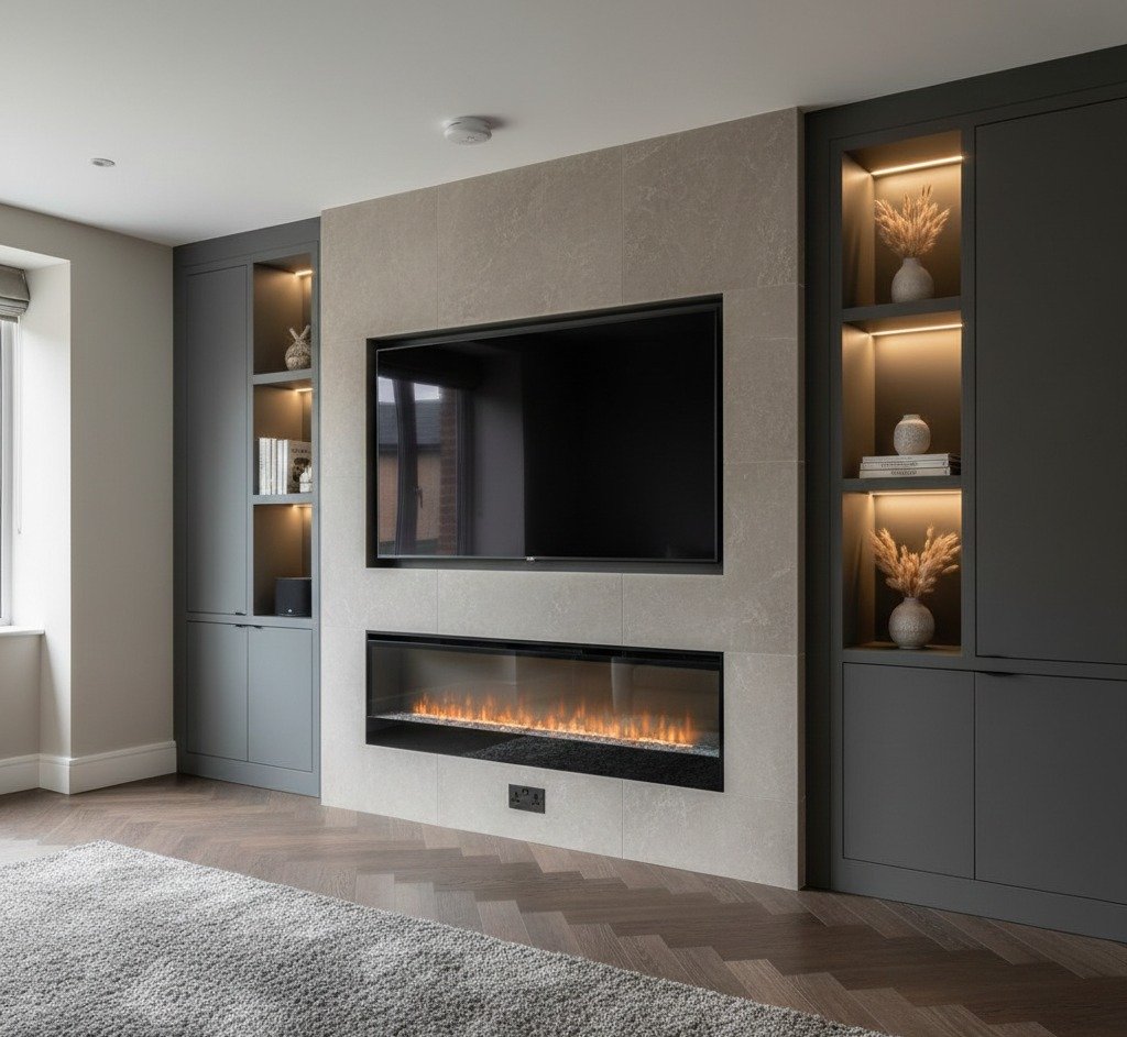 Modern living room with a wall-mounted flat-screen TV above a sleek electric fireplace, flanked by built-in dark gray cabinets with decorative vases and books, and a window on the left.