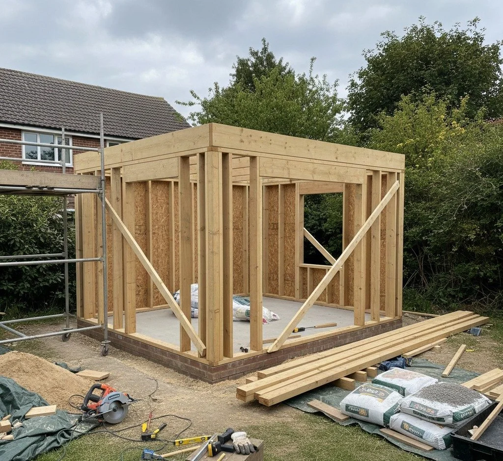 Wooden framing for a small building under construction with tools, lumber, and construction materials on the ground.