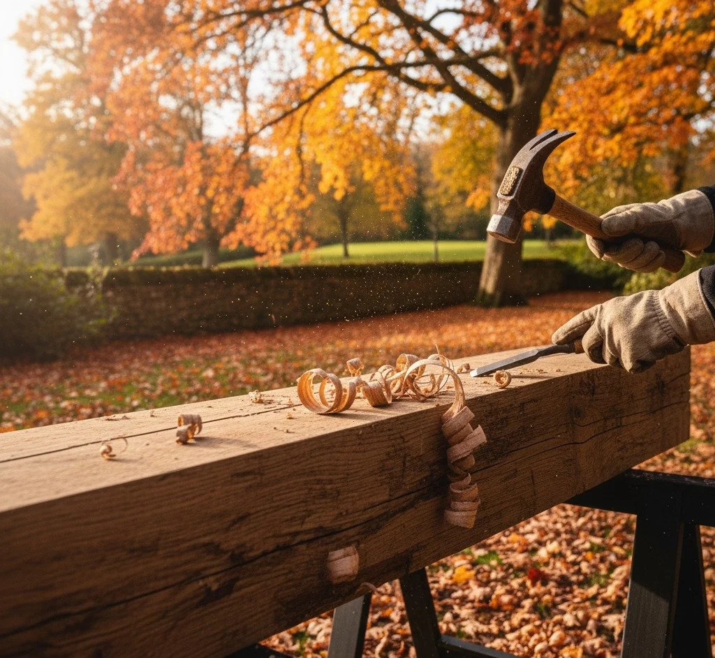 A person carving wood outdoors during fall, with autumn leaves on the ground and trees in the background. They are using a hammer and chisel on a large wooden beam, with wood shavings Lie scattered around.