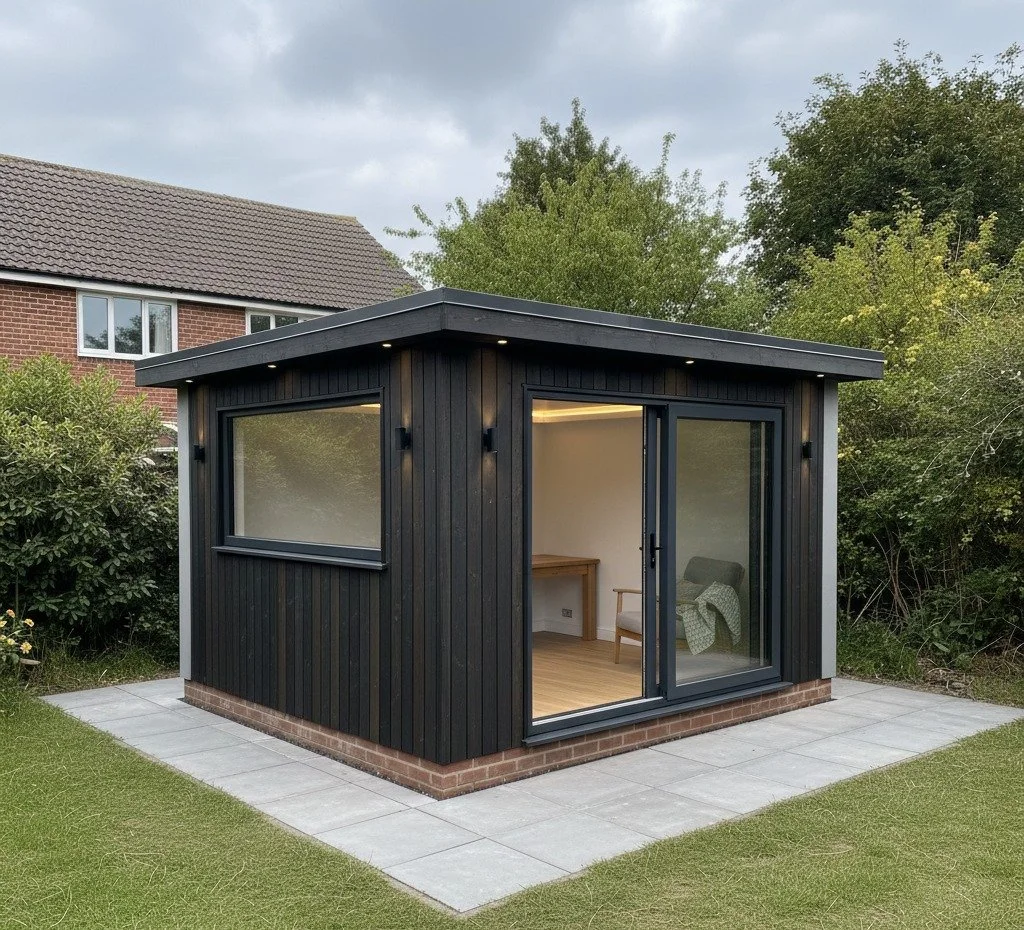 Small modern black shed with large glass sliding door and window, situated on a stone patio in a garden with bushes and trees.