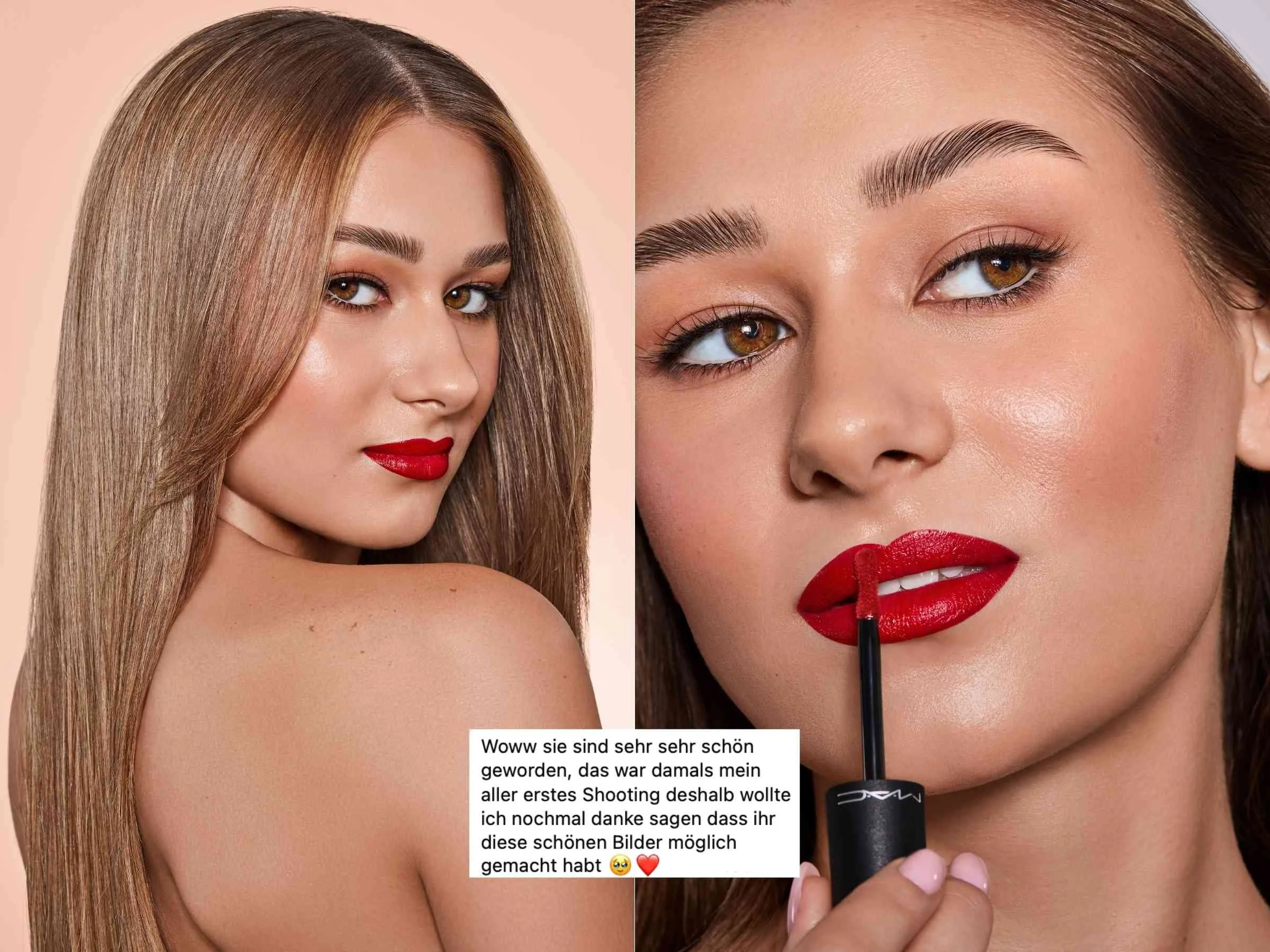 Zwei Frauen mit roten Lippen, eine wird geschminkt, die andere posiert. Eine Frau hat lange, glatte, braune Haare, die andere hat braune Haare und ist beim Lippenstift auftragen. Text in der Mitte