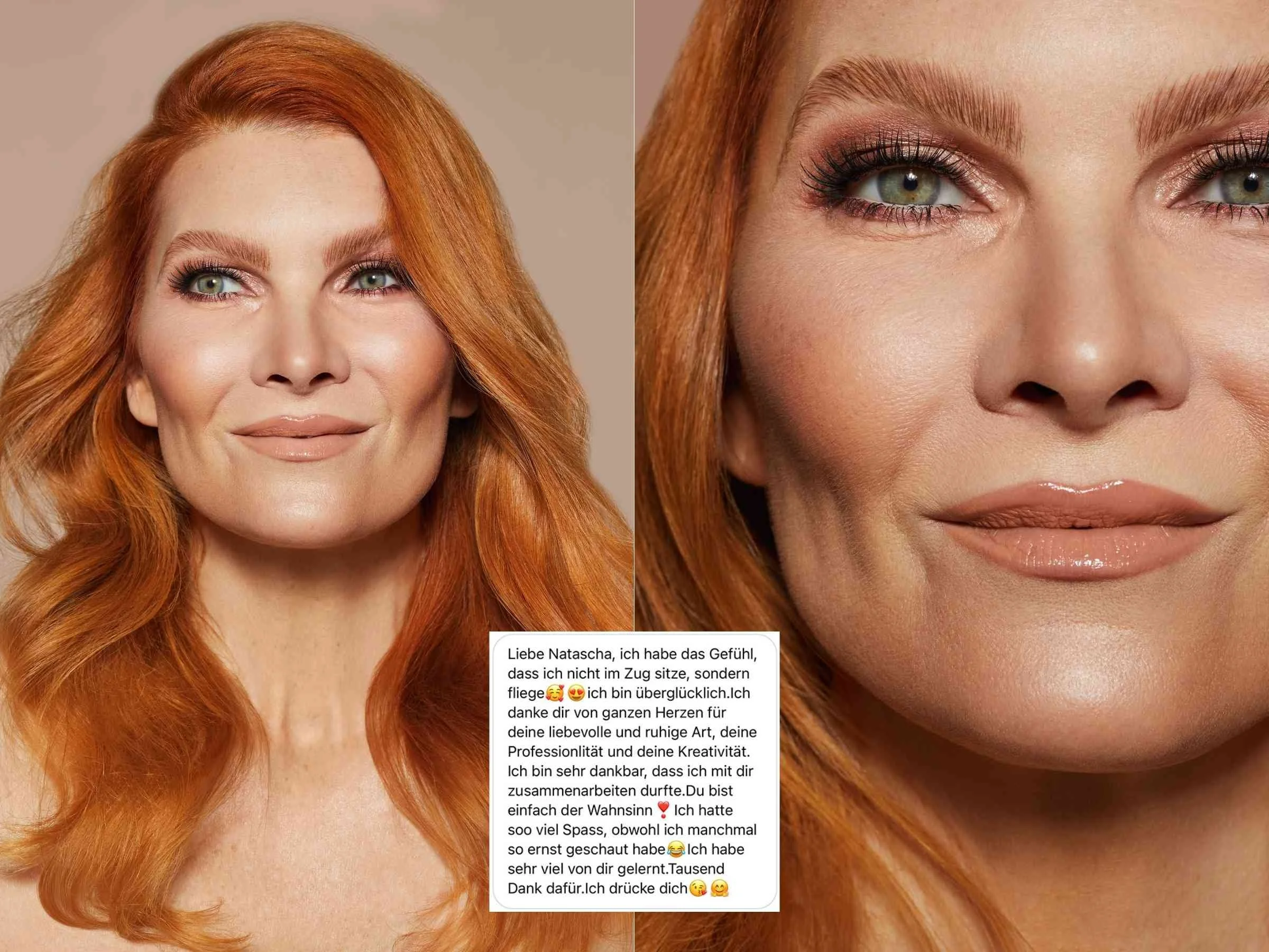 Eine Frau mit langen, lockigen roten Haaren, die sanft lächelt, und ein Nahaufnahme ihres Gesichts, das ihre grünen Augen und gepflegten Lippen zeigt.