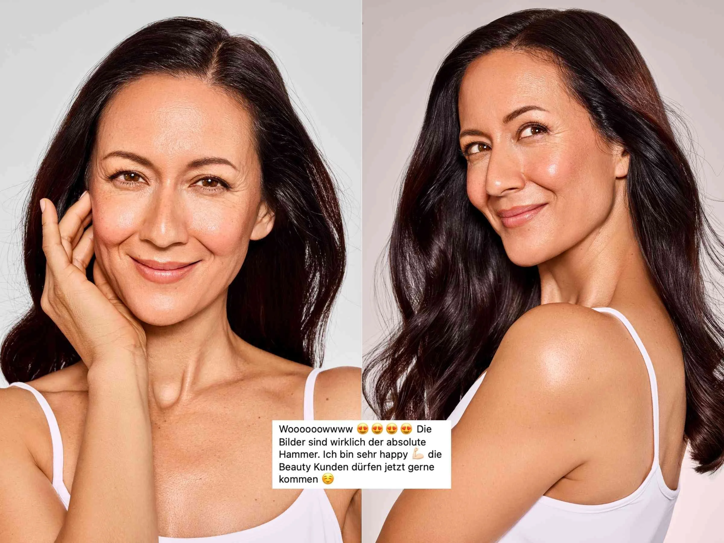 Zwei Frauen mit langen dunklen Haaren in weißen Tops, lächelnd gegen weißen Hintergrund. Die linke Frau hat die Hand am Gesicht, die rechte hat den Rücken leicht gewandt. Text in Deutsch im Bild