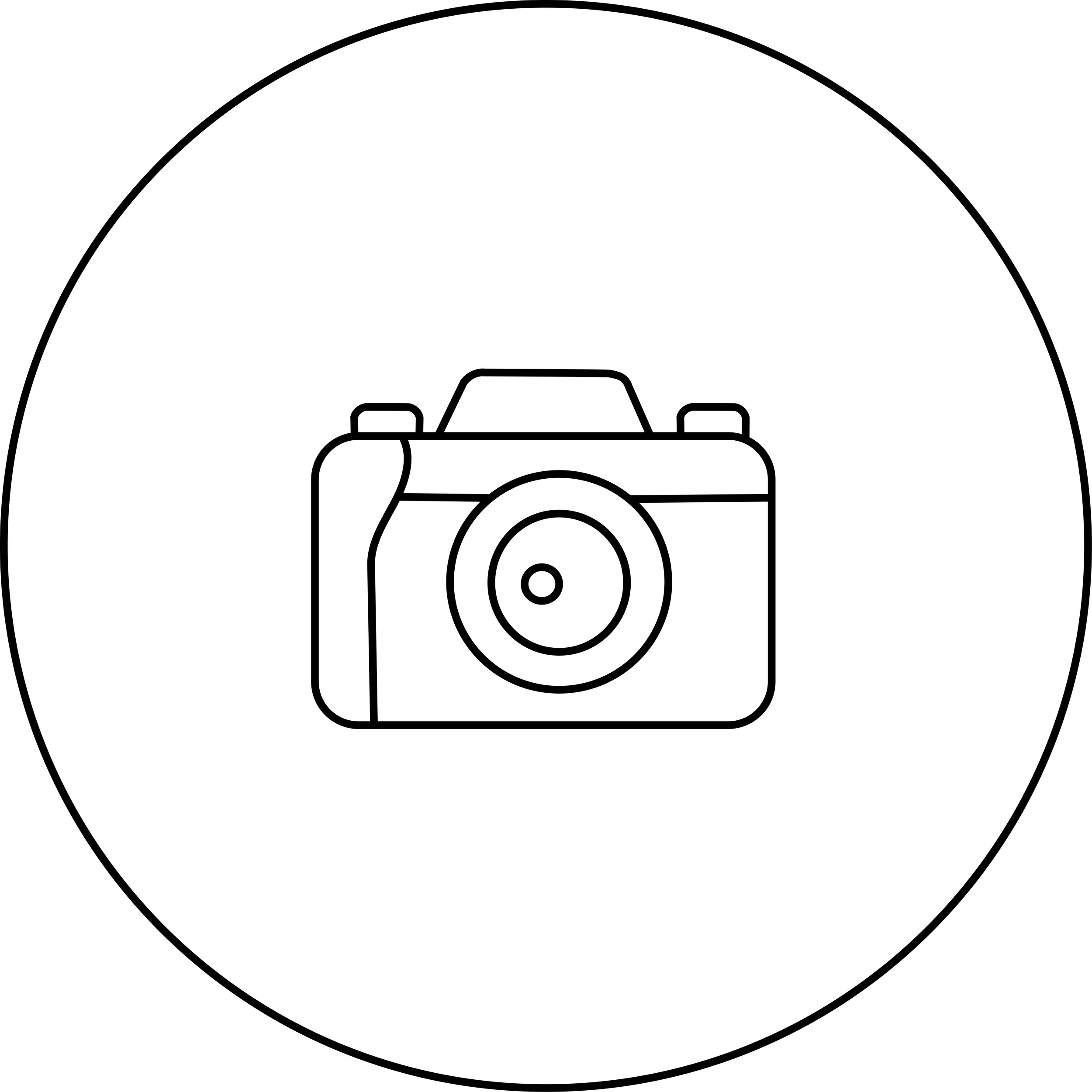 Linienzeichnungsbild einer Kamera in einem weißen Kreis auf schwarzem Hintergrund.