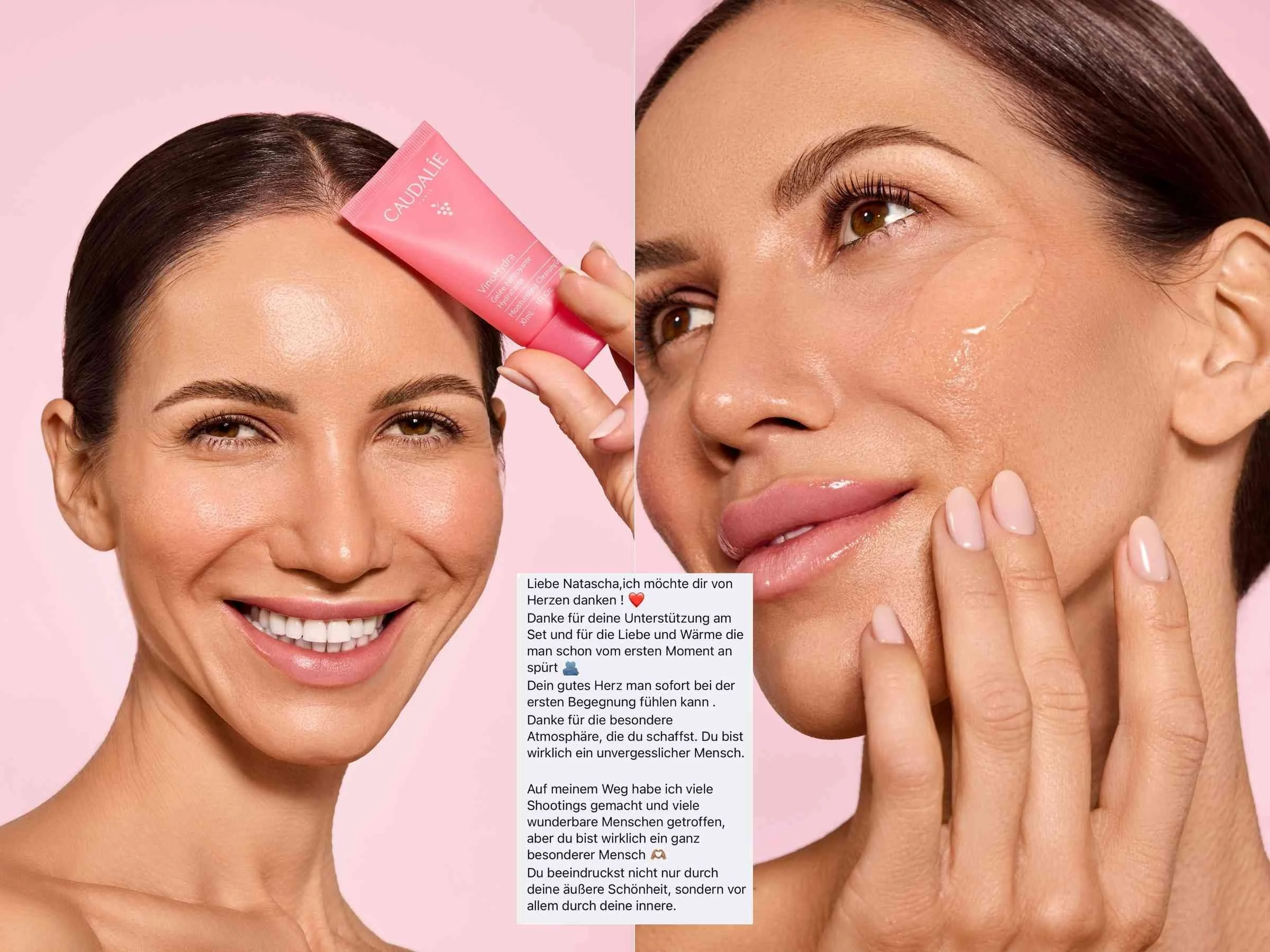 Zwei Frauen mit schönen Gesichtern, eine hält eine rosa Tube auf ihrem Kopf und die andere berührt ihr Gesicht. Hintergrund ist pink.