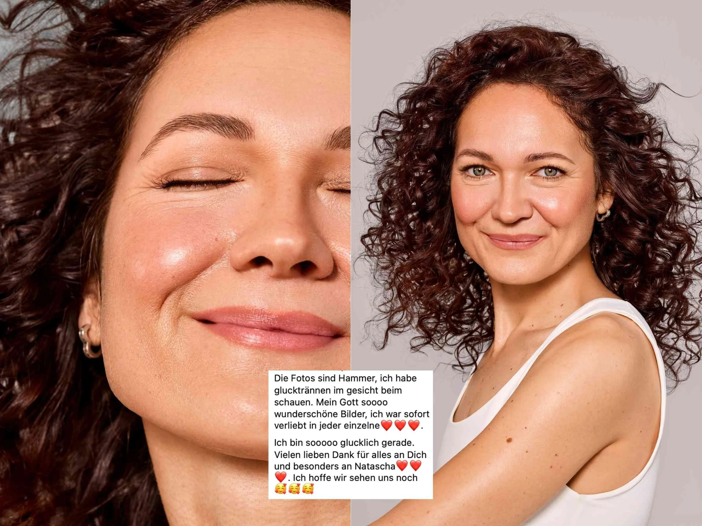 Zwei Fotos einer lachenden Frau mit lockigem braunem Haar. Die linke Nahaufnahme zeigt das Gesicht mit geschlossenen Augen, die rechte Aufnahme zeigt den Oberkörper mit offenem Lächeln, getragenem weißen Top vor einem grauen Hintergrund.