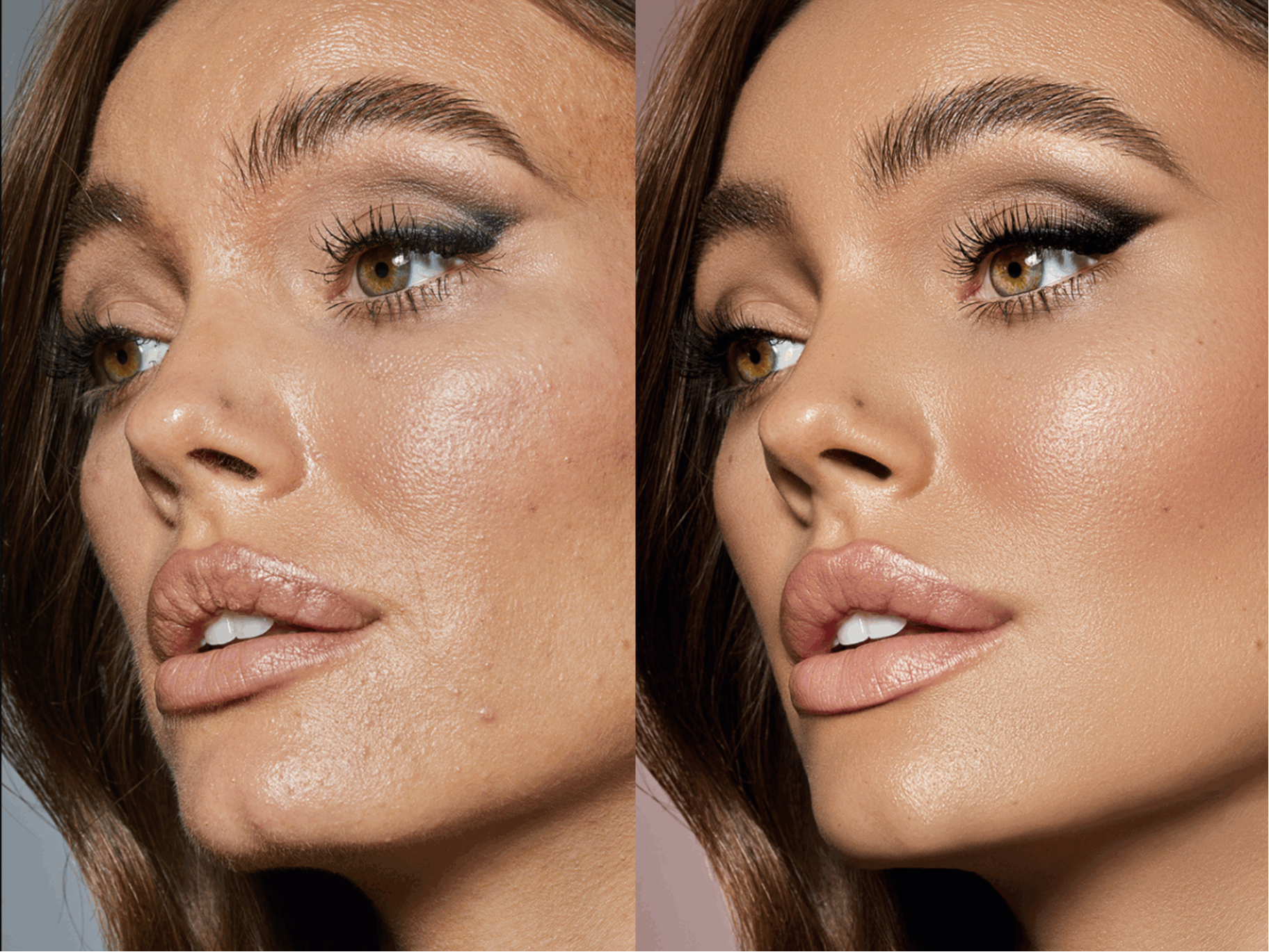 Vergleich eines Frauengesichts vor und nach Hautbehandlung, Haut ist glatt und makellos.