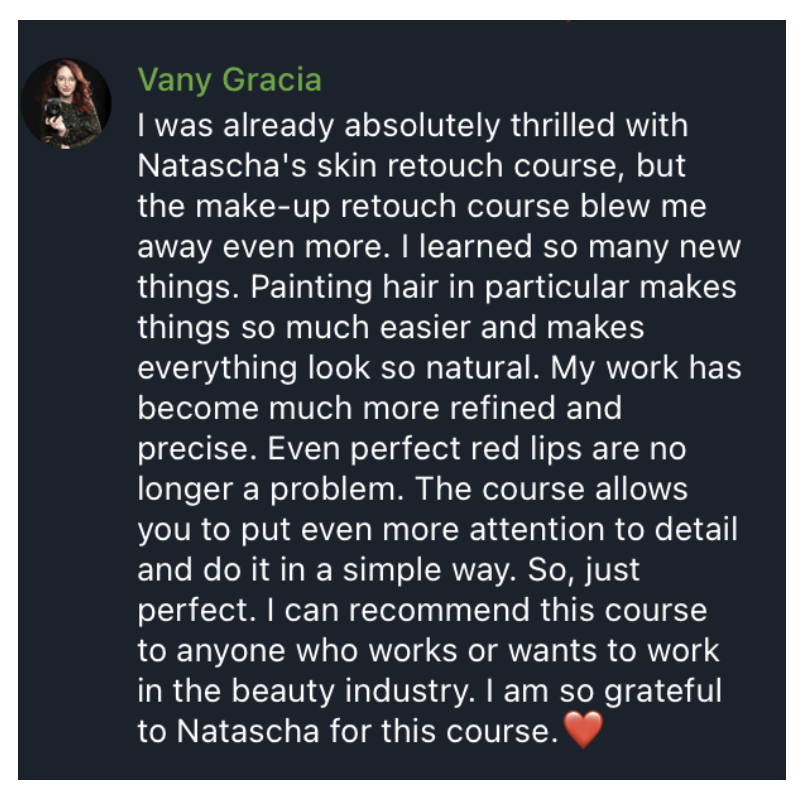 Eine Bewertung auf Deutsch, in der eine Person namens Vany Gracia ihre Zufriedenheit mit einem Make-up- und Haarnachherstellungskurs ausdrückt, inklusive eines roten Herzsymbols am Ende.