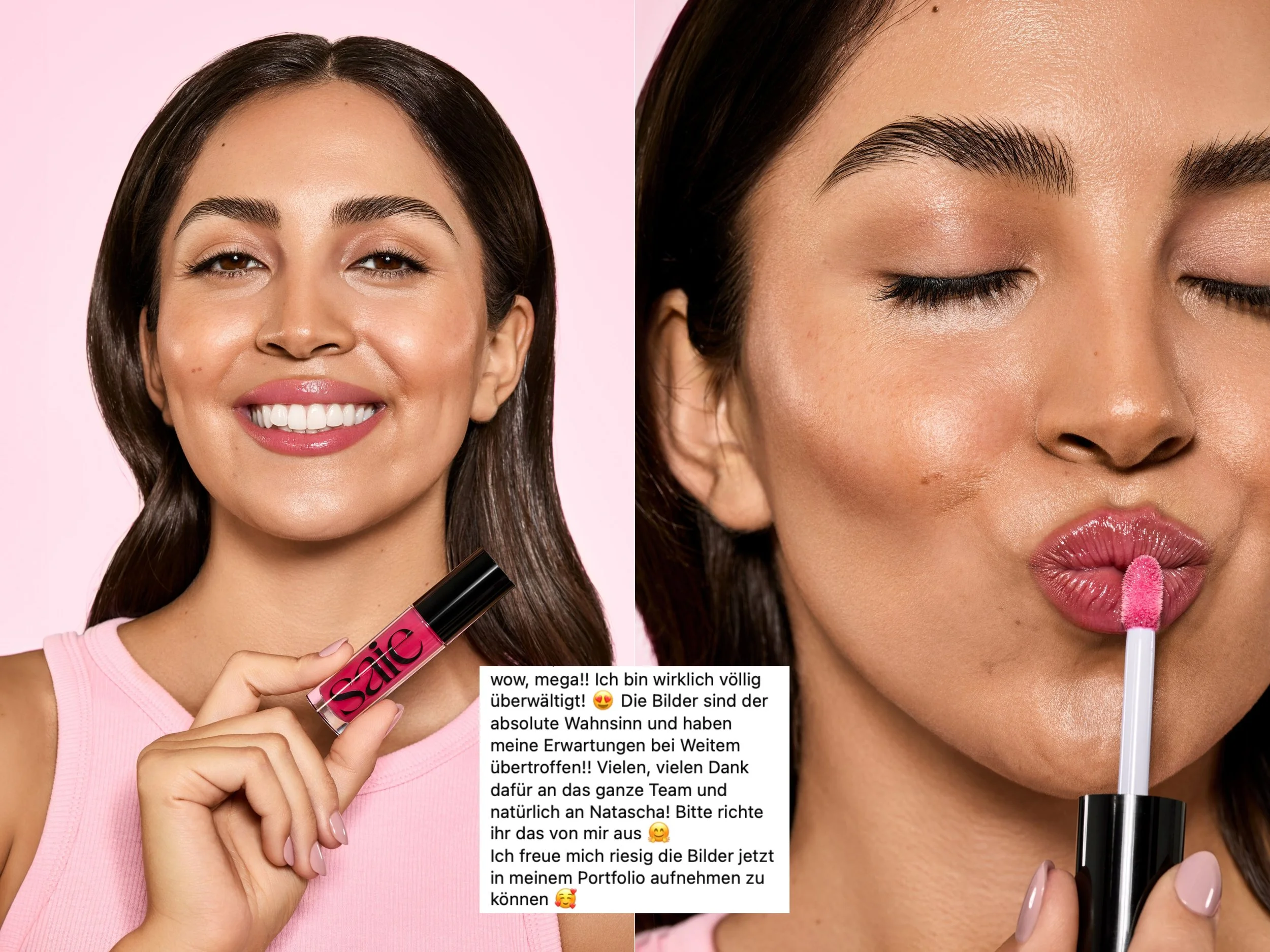 Zwei Nahaufnahmen einer lächelnden Frau mit dunklem Haar, die rosa Lippenstift trägt. In der linken Aufnahme hält sie einen Lippenstift, in der rechten trägt sie den Lippenstift auf, während sie ihn küsst. Im Hintergrund ist ein heller, pastellrosa Farbton. Ein Textausschnitt in deutscher Sprache ist sichtbar, der auf eine positive Bewertung und Dankbarkeit hinweist.