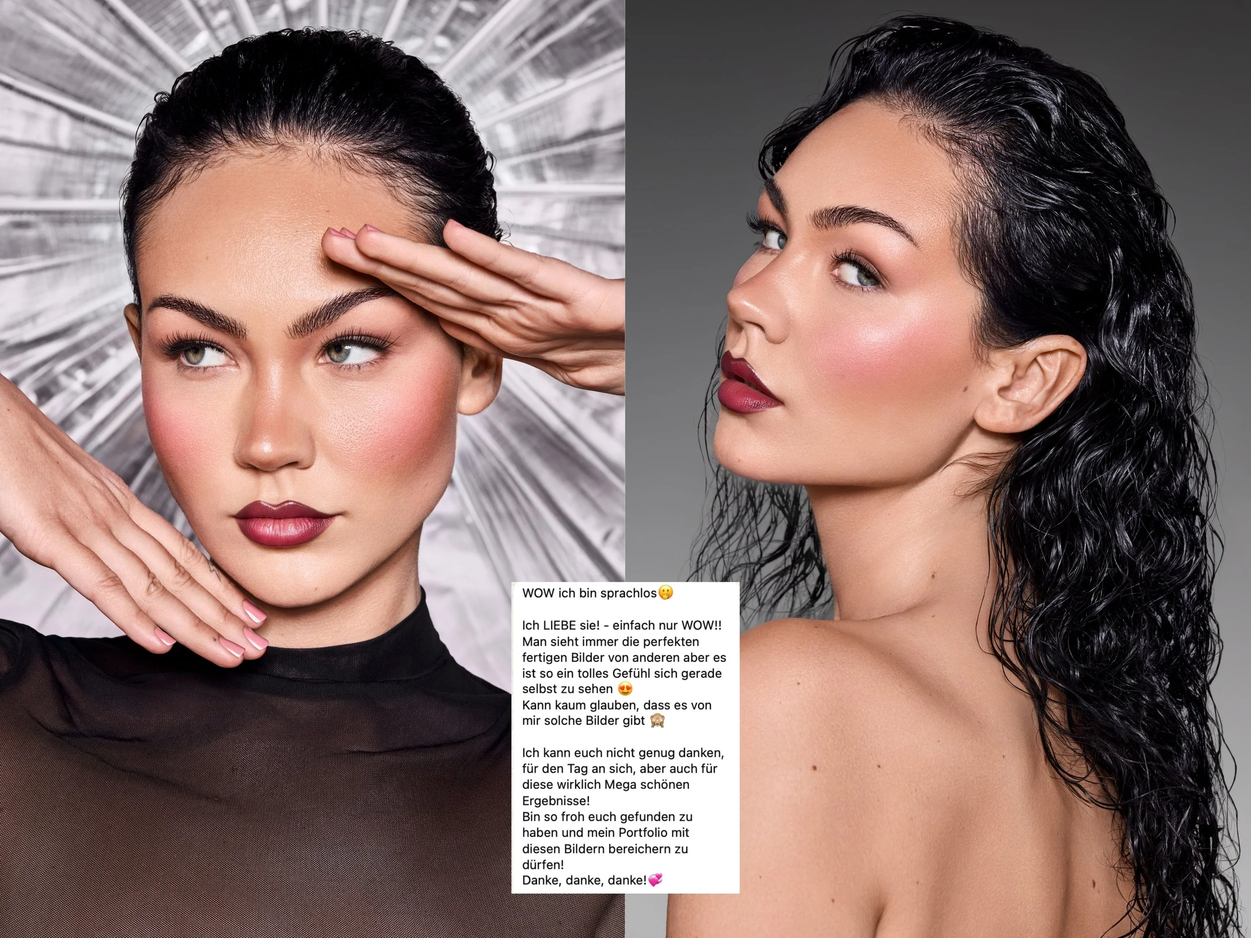 Doppelporträt von einer wunderschönen jungen Frau mit dunklen, nassen Haaren und Make-up, in einem Studio mit grauem Hintergrund, links ein Close-up, rechts ein Profilfoto.