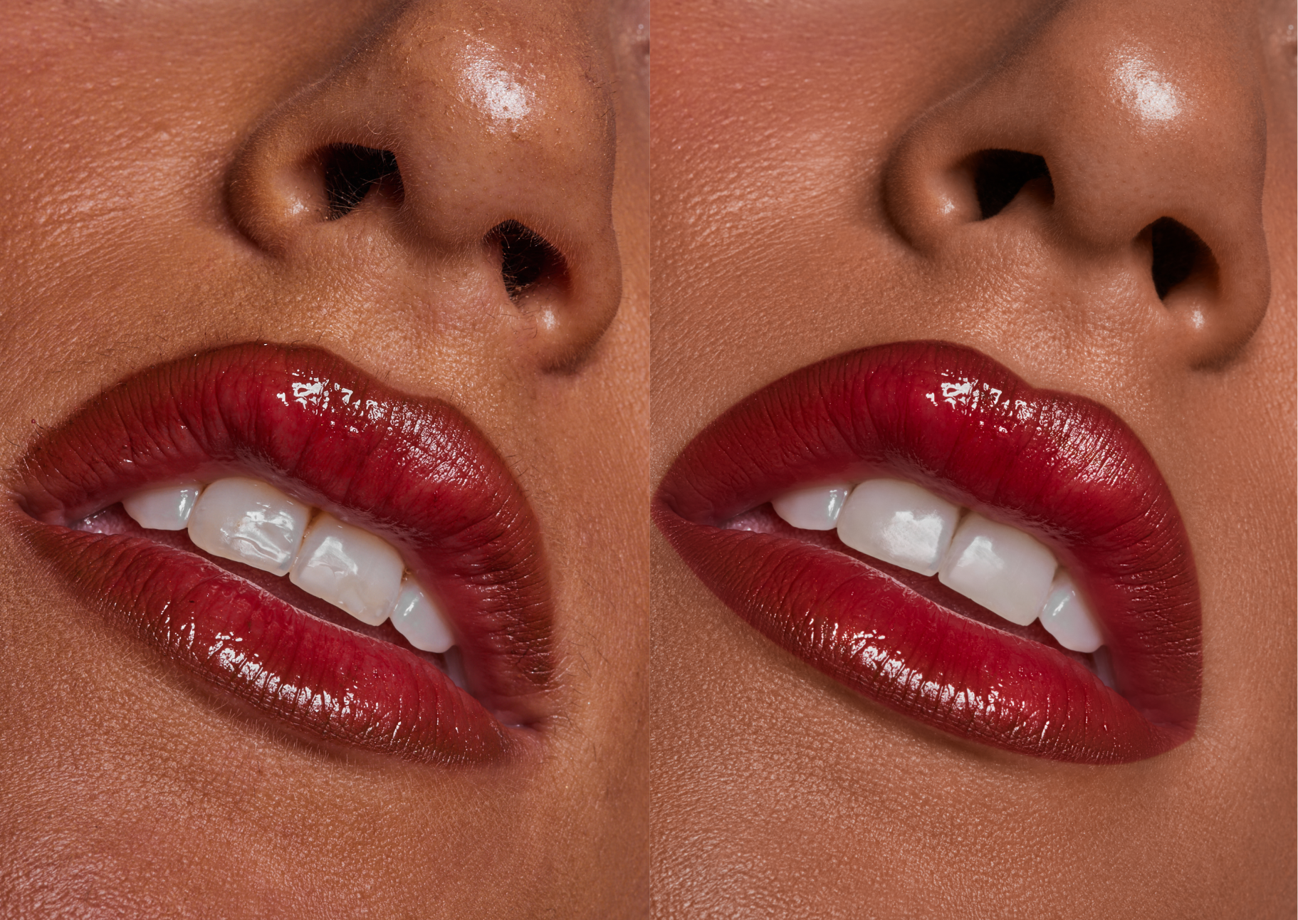 Nahaufnahme eines Gesichts mit roten Lippen und weißen Zähnen, geteilt in zwei Hälften, Fokus auf Nase, Lippen und Zähne.