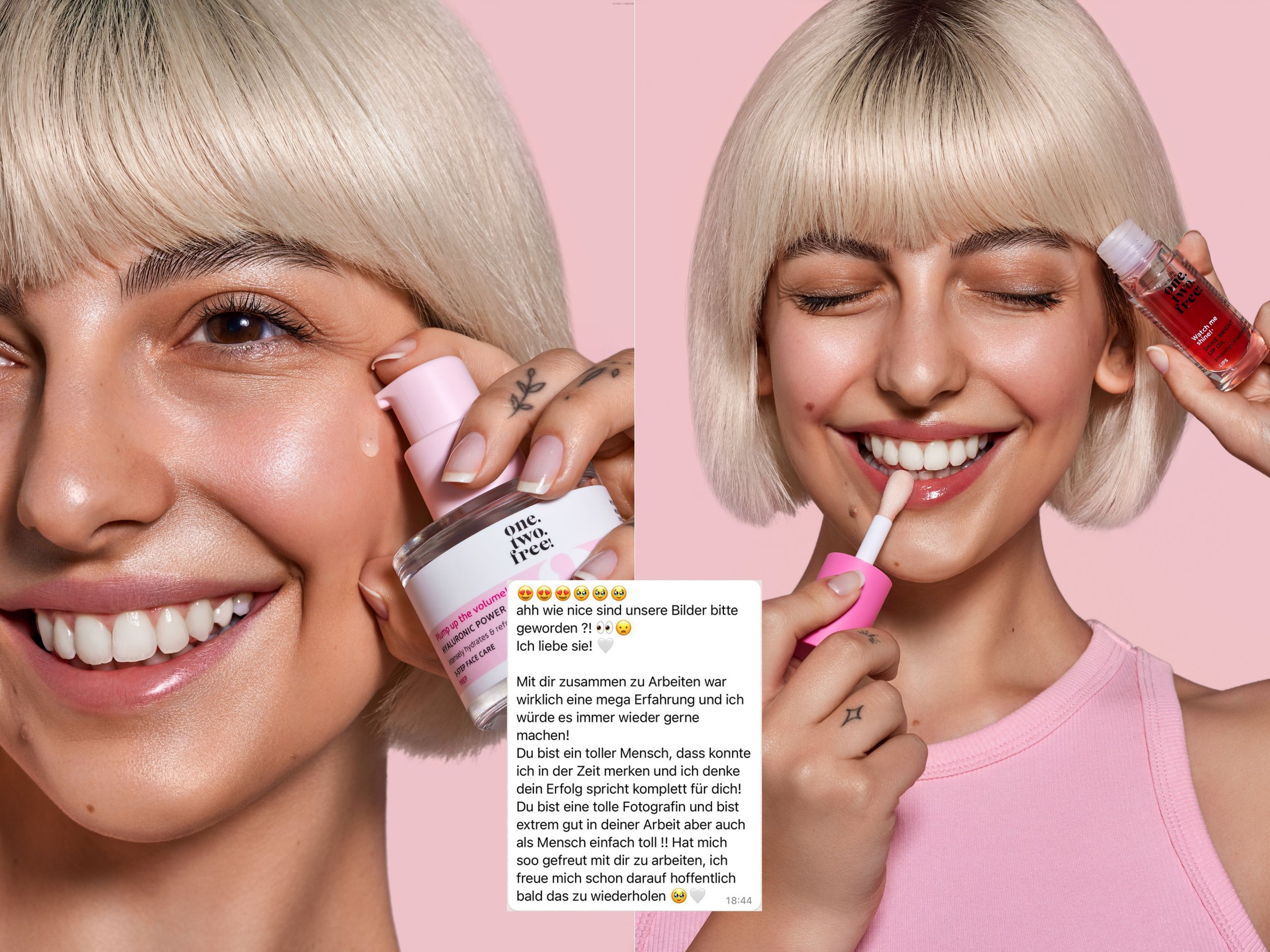 Zwei Frauen mit blondem Kurzhaarschnitt und weißen Zähnen, eine lächelt und steckt sich Lippenpflege auf, die andere benutzt eine Pipette, um ein rotes Serum auf das Gesicht aufzutragen, vor rosa Hintergrund.