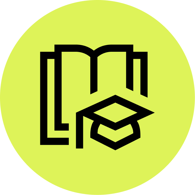 Icon eines Buches, eines Diploms und eines Literaturzeichens, symbolisiert Bildung und Lernen.