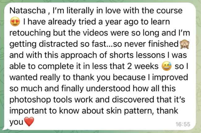 WhatsApp-Nachricht in deutscher Sprache, in der jemand namens Natascha für ihre Fortschritte im Lernen von Photoshop und Hautmustern bedankt.