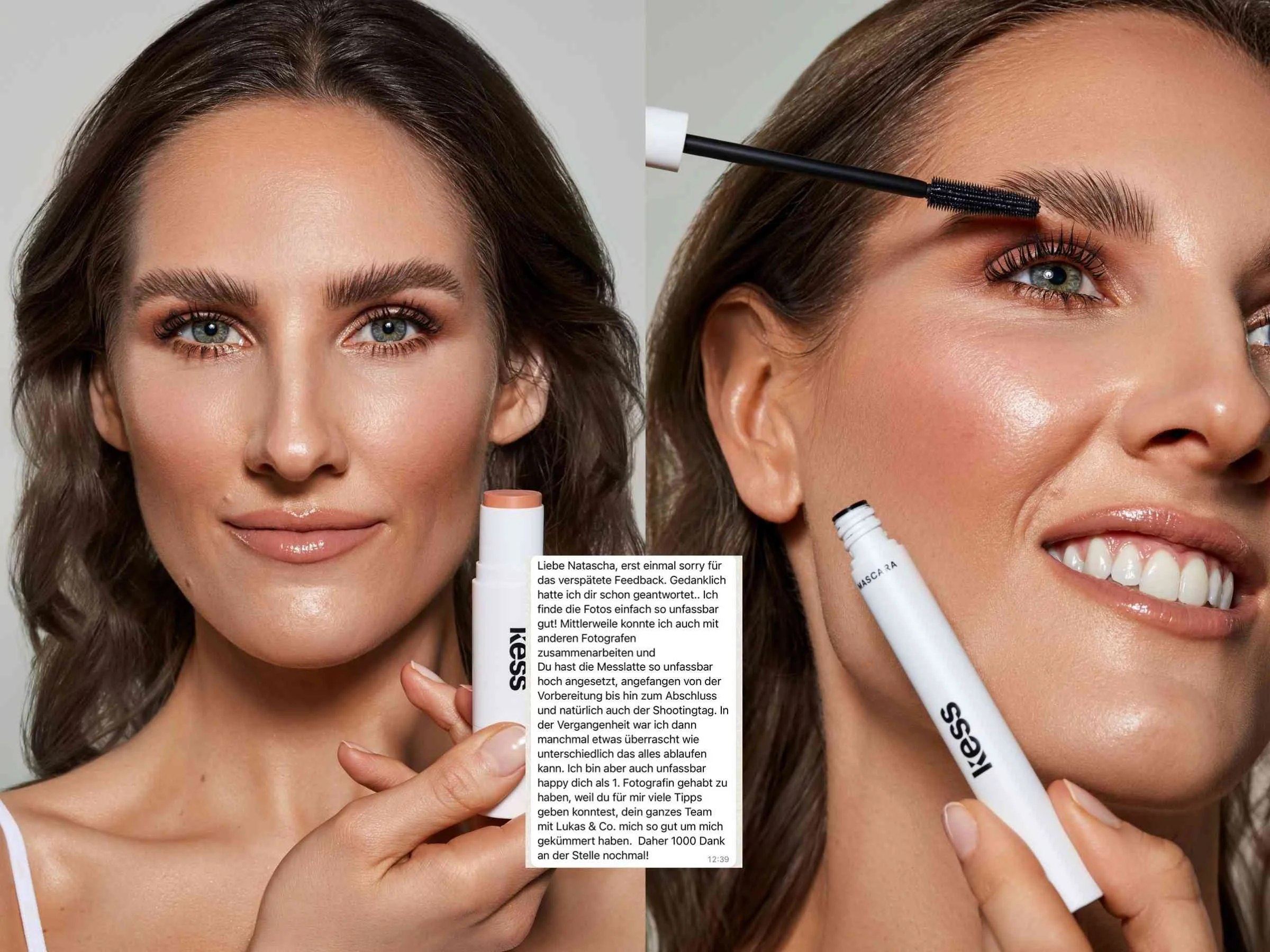 Zwei Frauen, die Make-up-Anwendungen vornehmen. Die linke Frau hält einen Lippenbalsam, die rechte Frau trägt Mascara auf die Wimpern auf.