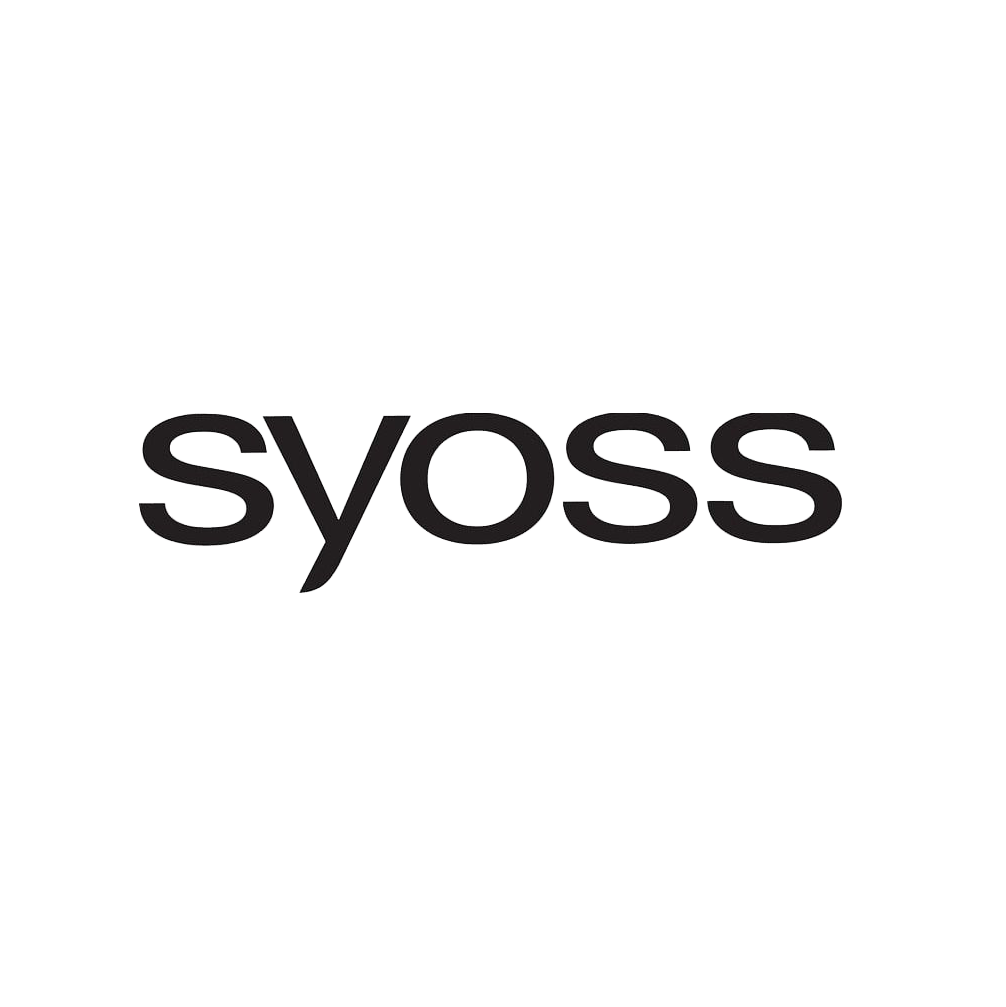 Grafisches Logo mit dem Text "syoss" in schwarzen Buchstaben auf einem weißen und grauen Hintergrund.
